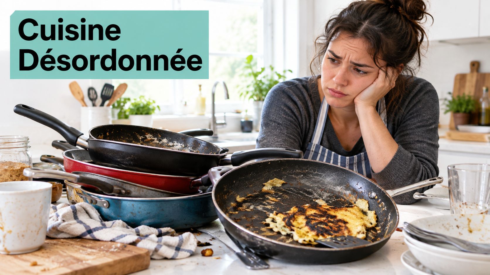 Une femme dépitée regardant une pile de poêles sales et une cuisine en désordre sur un comptoir.