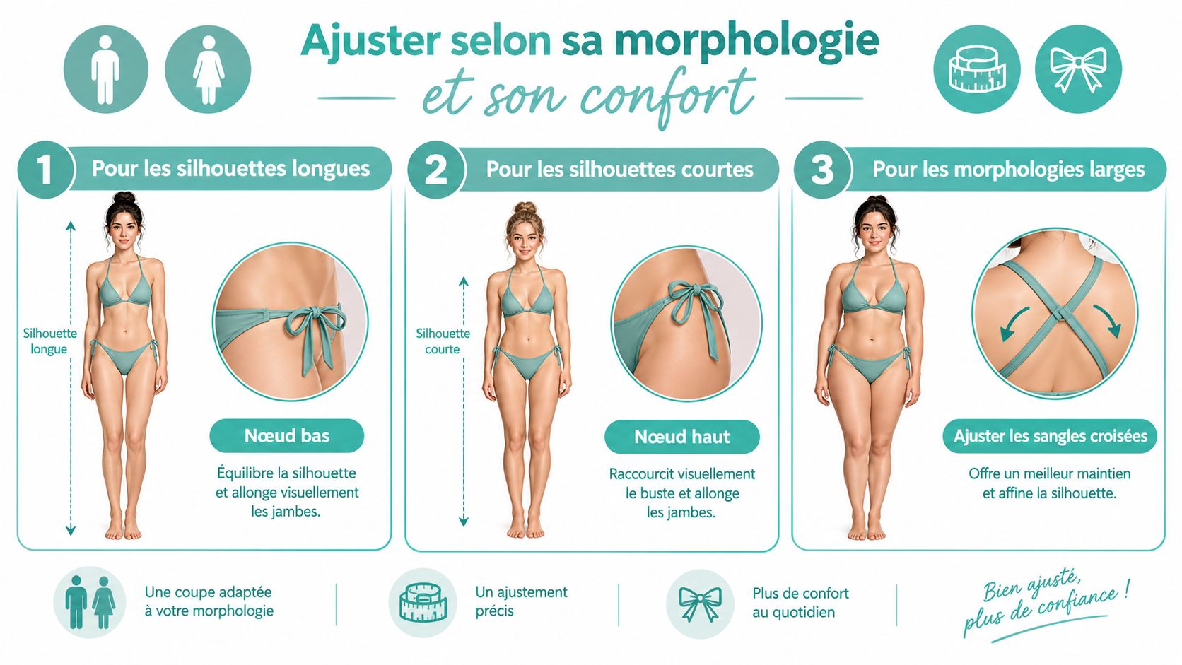Infographie illustrant comment ajuster son maillot de bain selon sa morphologie pour un confort et style optimal.
