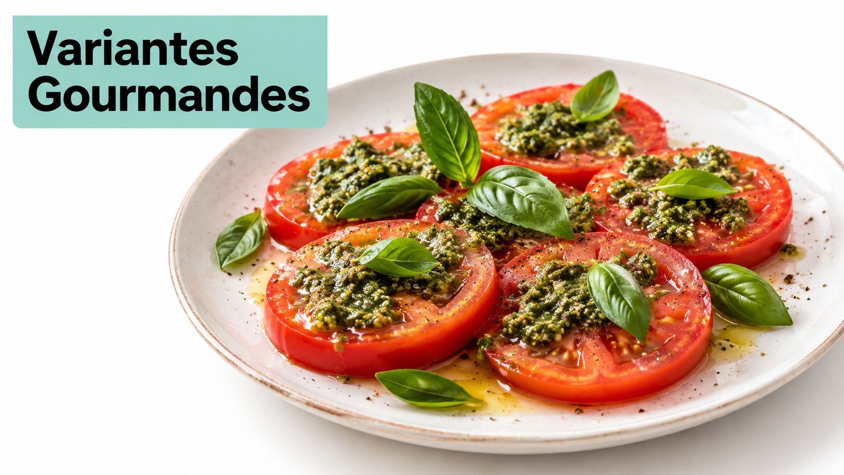 Des tranches de tomates rouges fraîches garnies de sauce pesto vert et de feuilles de basilic frais.
