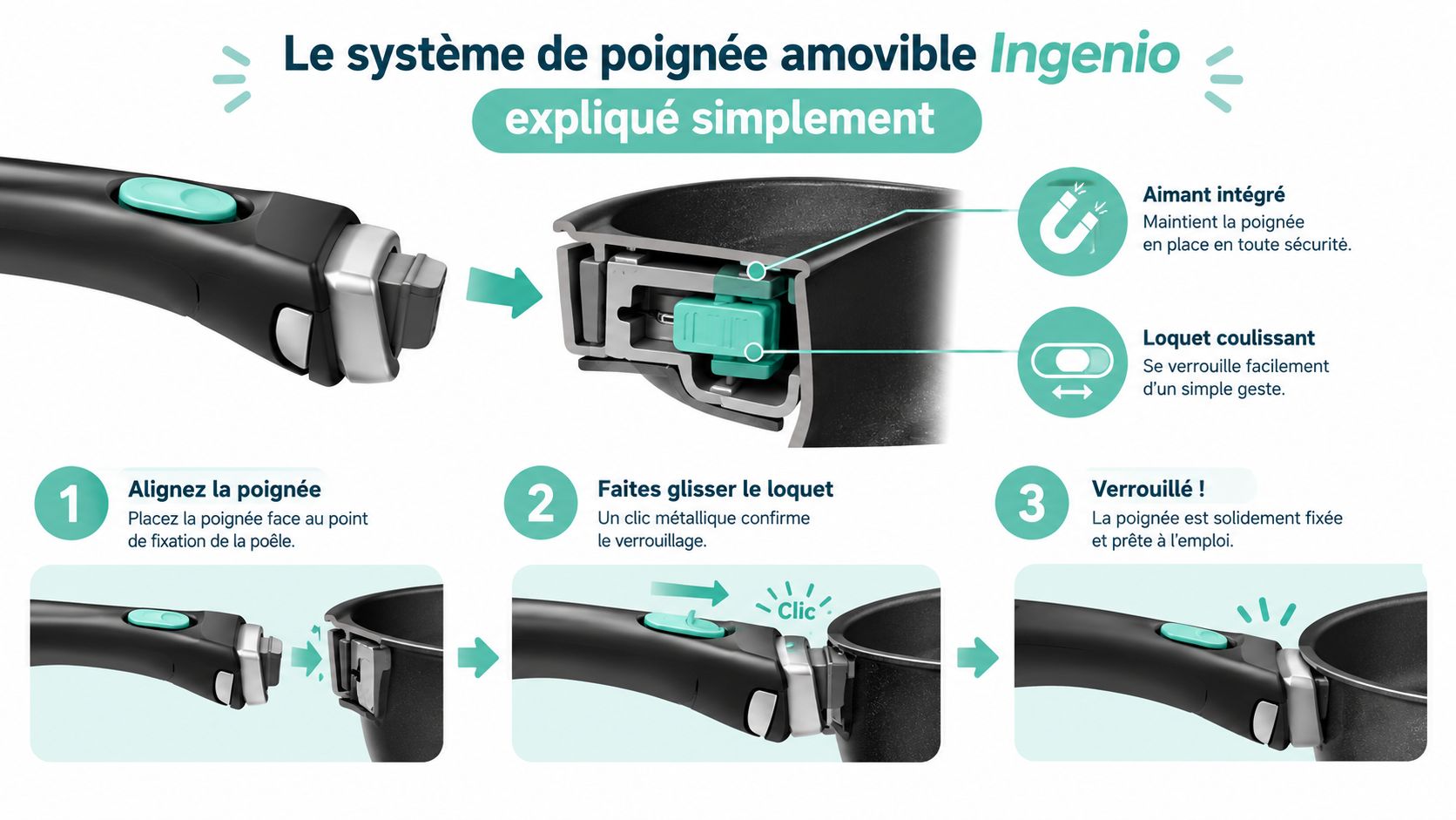 Schéma explicatif montrant comment fixer facilement la poignée amovible Tefal Ingenio sur une poêle avec un mécanisme sécurisé.