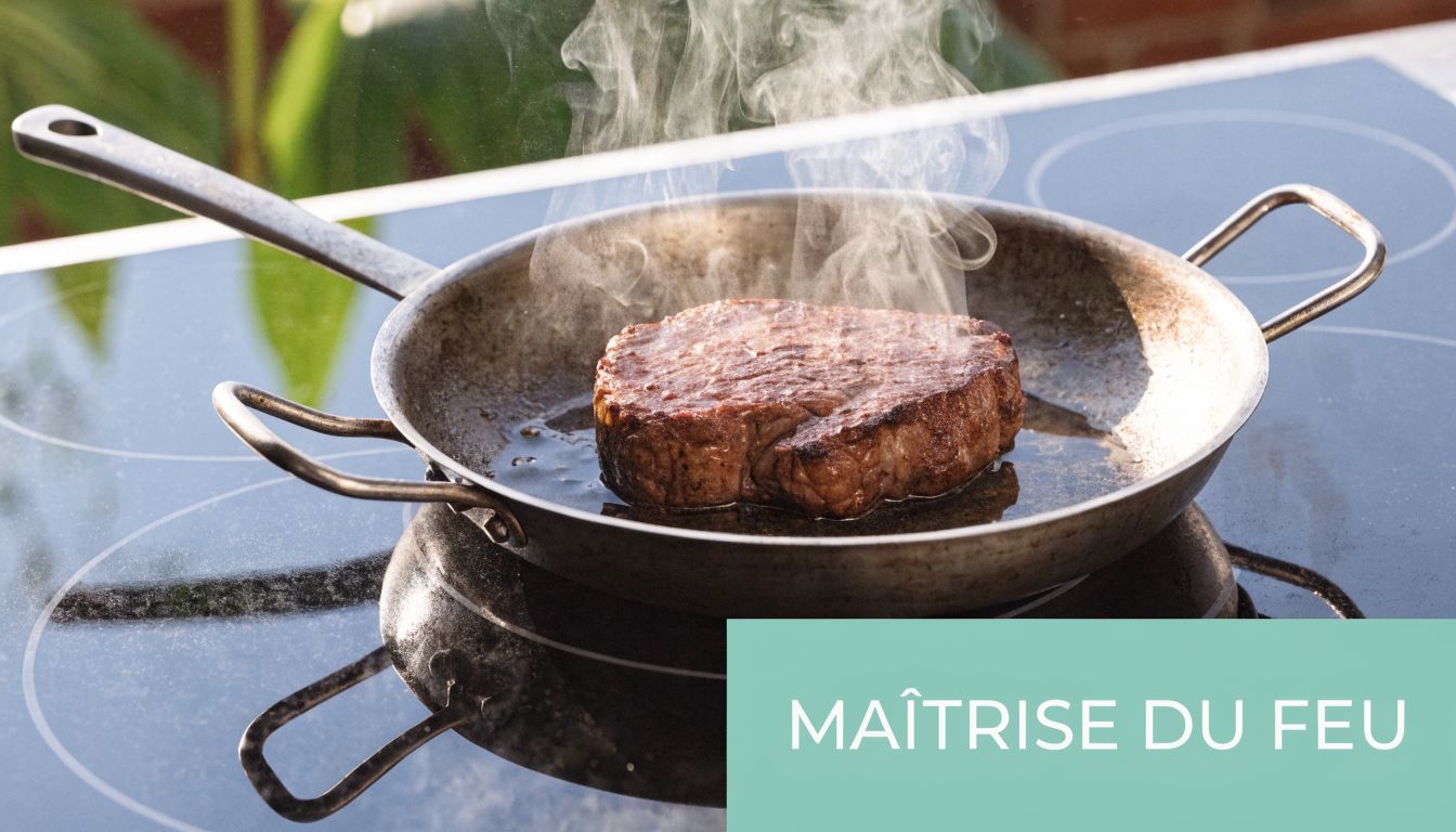 Un steak juteux saisit dans une poêle en acier chaud avec de la fumée qui s'échappe