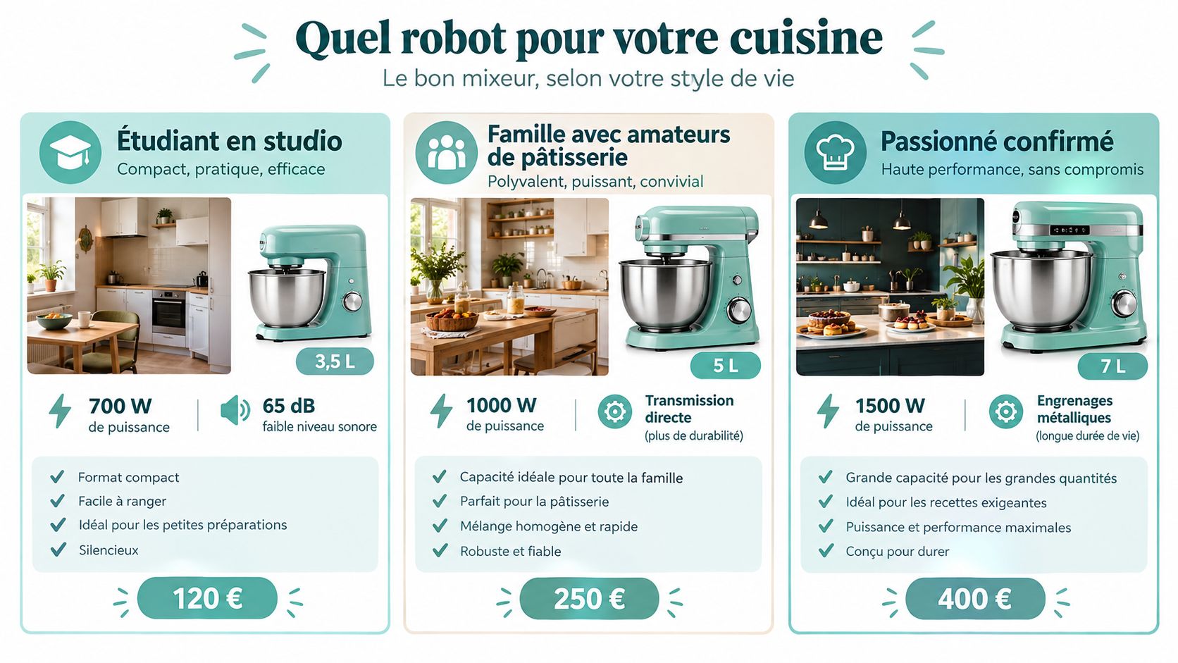 Trois modèles de robots pâtissiers présentés selon les besoins des étudiants, des familles et des professionnels confirmés.