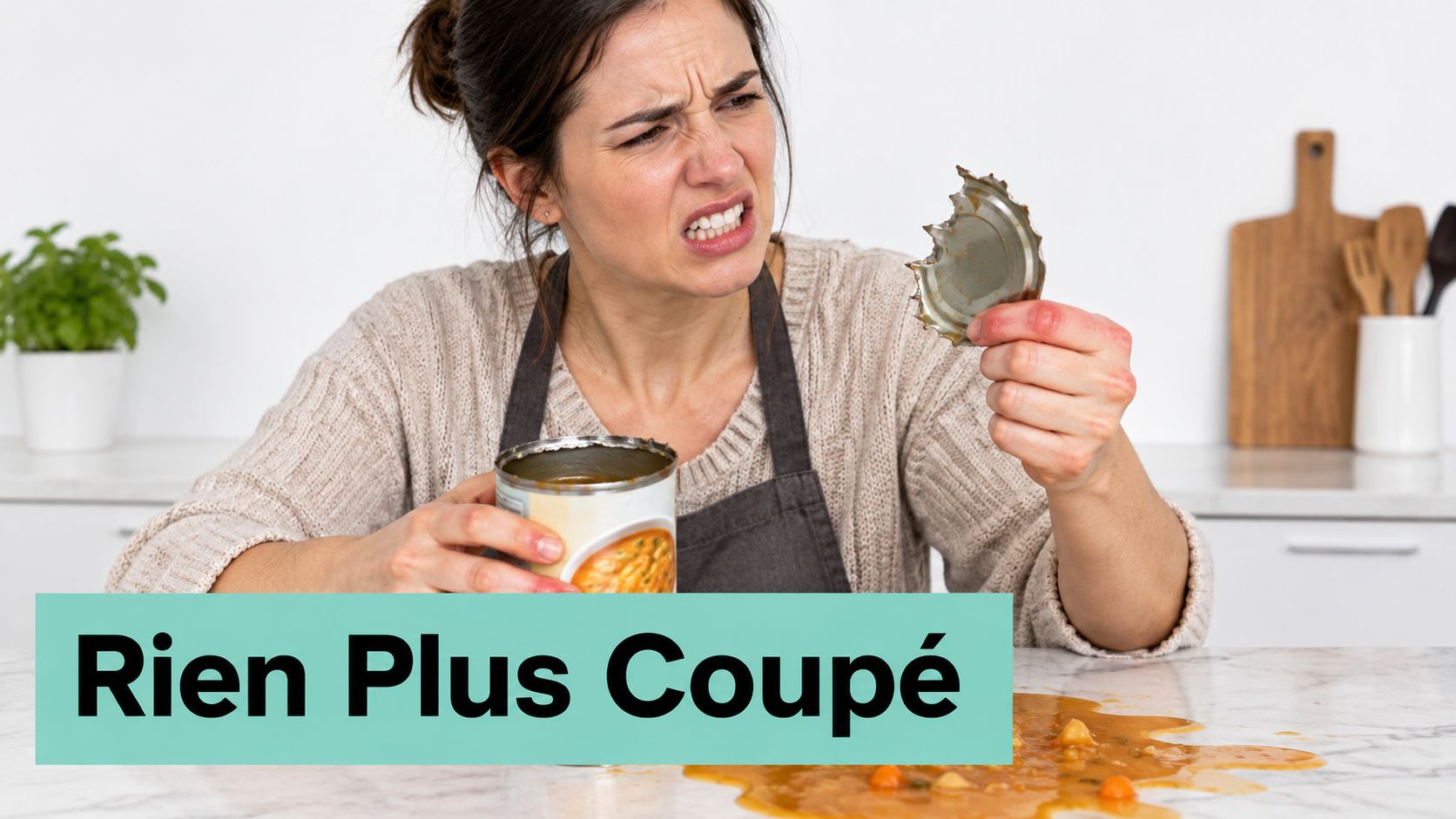Une femme déçue tenant un couvercle de conserve coupant au-dessus d'une soupe renversée sur une table.
