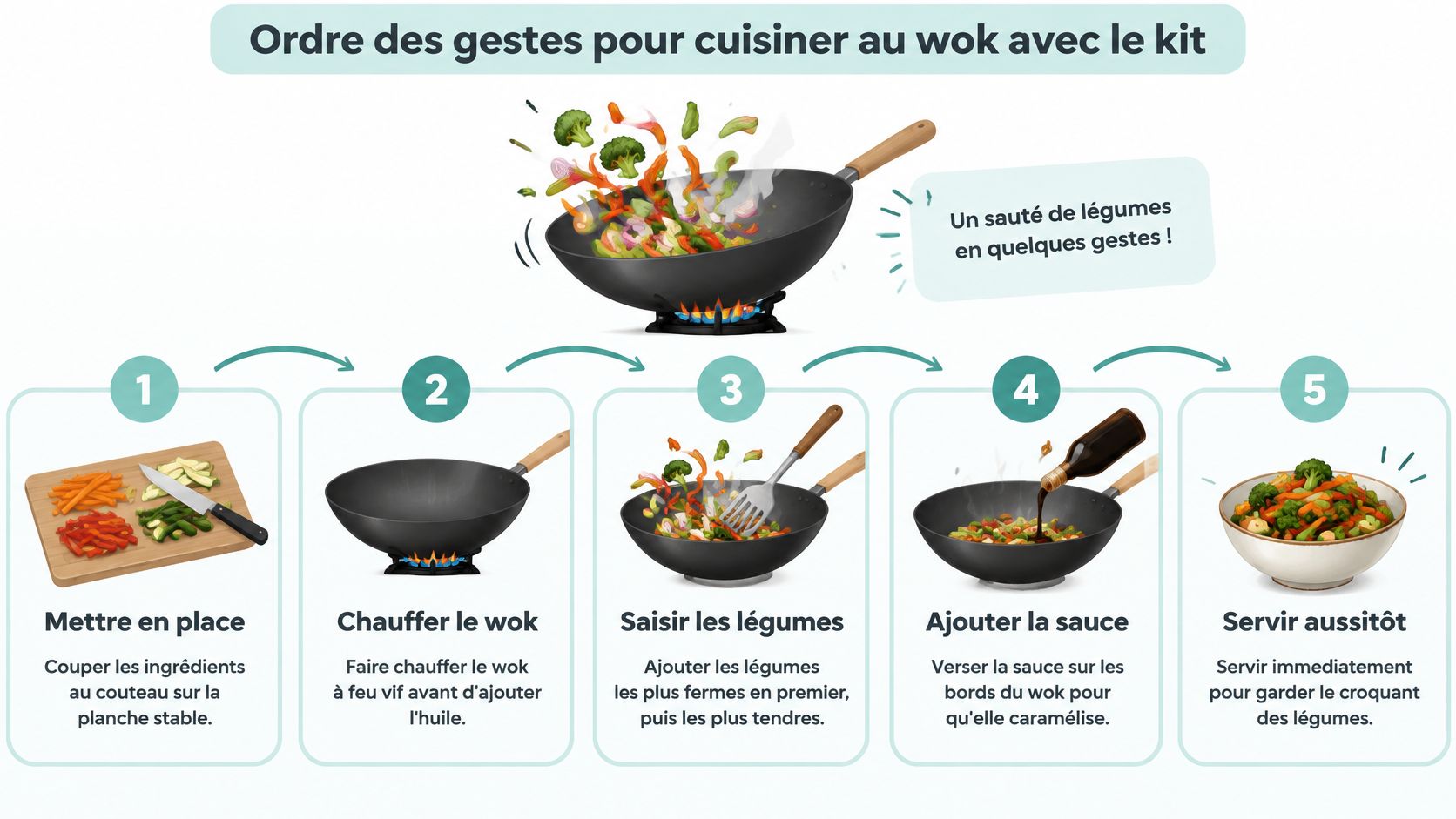 Une infographie illustrant les cinq étapes simples pour préparer des légumes sautés avec un wok de cuisine.