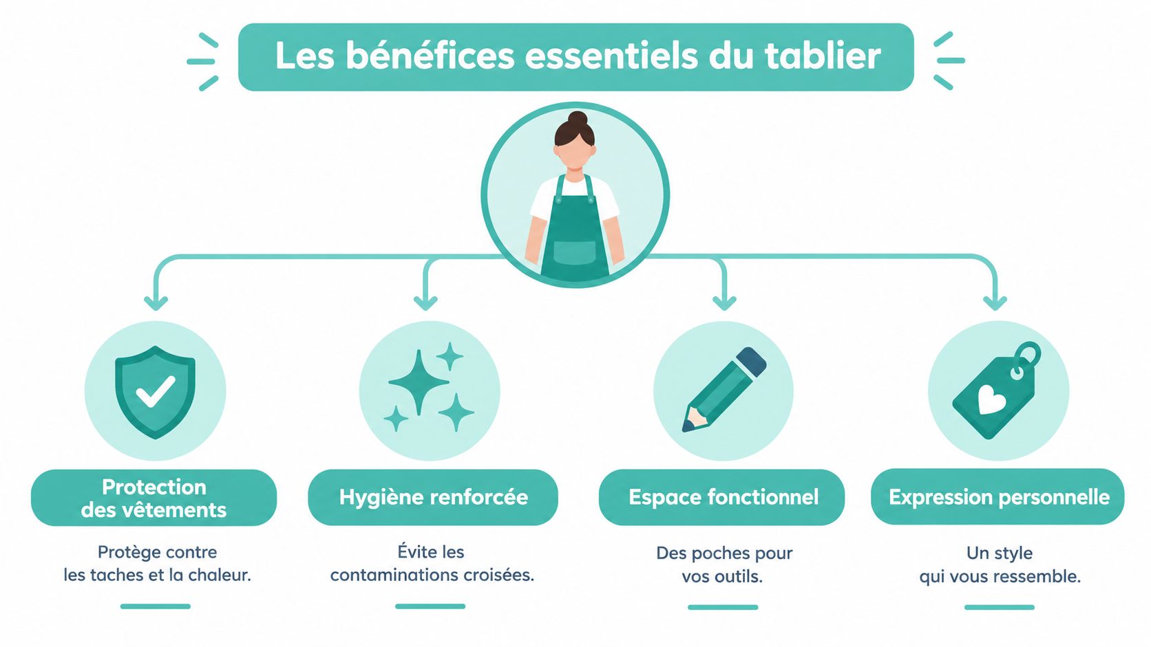 Infographie illustrant les quatre bénéfices essentiels du port d'un tablier pour la protection et l'hygiène au travail.