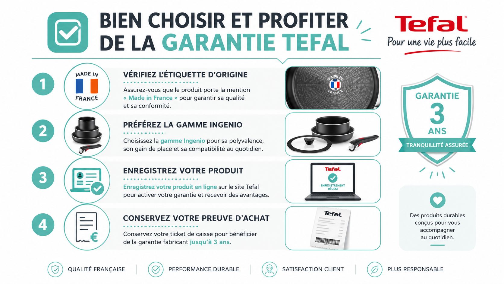 Infographie Tefal expliquant les étapes pour vérifier l'origine et bénéficier de la garantie de trois ans.