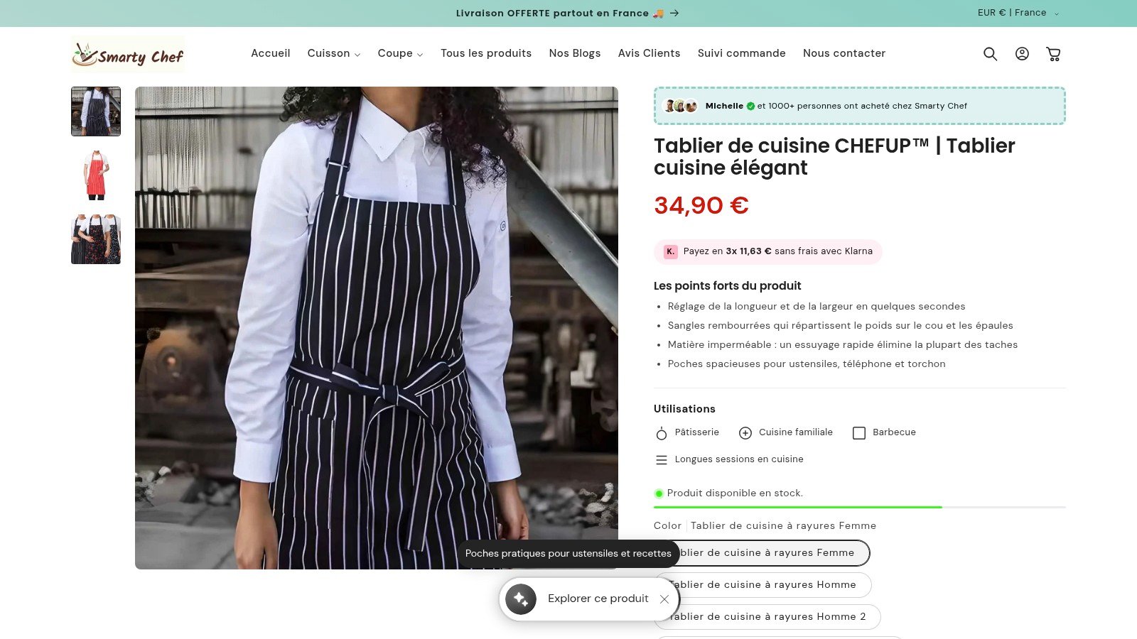 Bannière promotionnelle montrant un tablier de cuisine élégant dans la boutique Smarty Chef