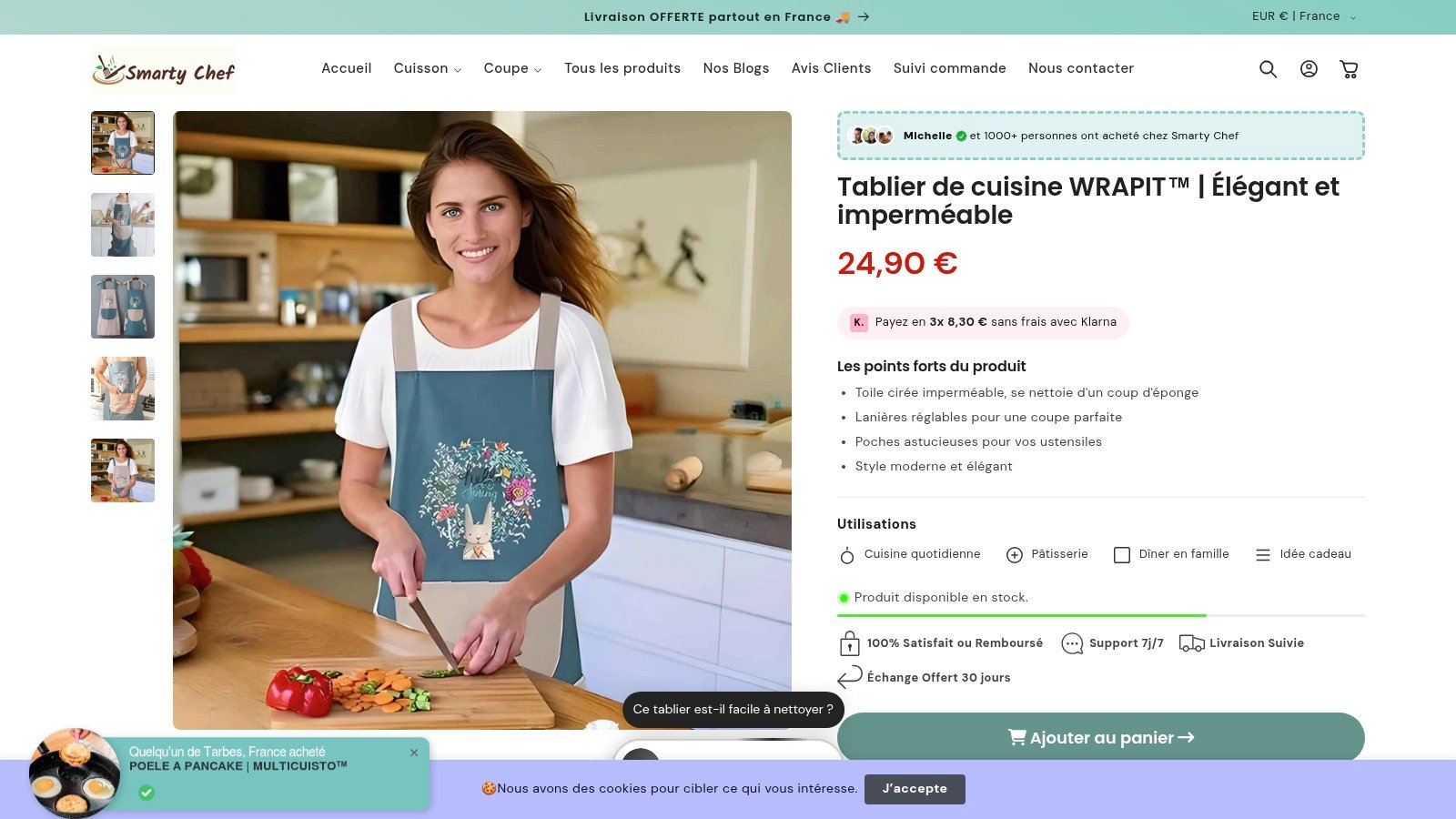Tablier de cuisine Wrapit élégant et imperméable dans la boutique Smarty Chef