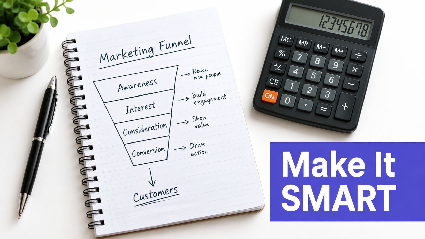 A marketing funnel diagram on a notebook next to a pen, a plant, and a calculator.