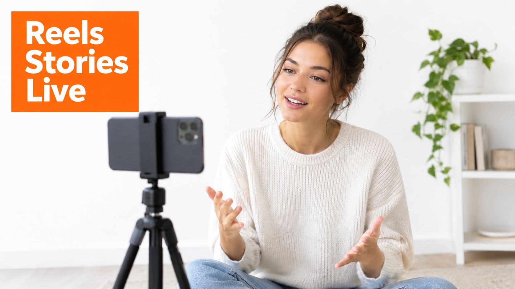 A smiling young woman sits on the floor while filming content for social media using her smartphone.