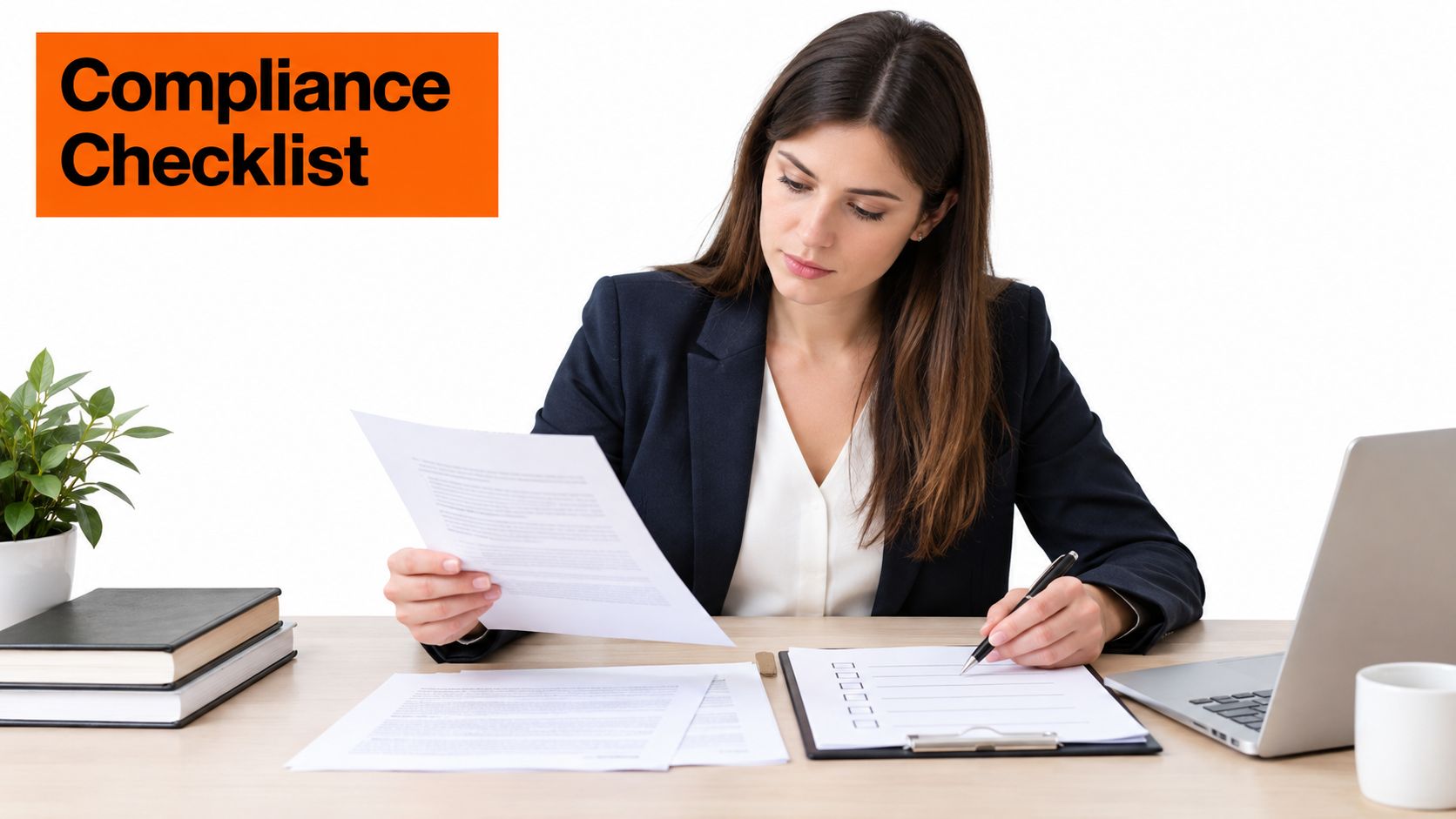 A professional woman in a suit sitting at a desk reviewing documents for a compliance checklist.