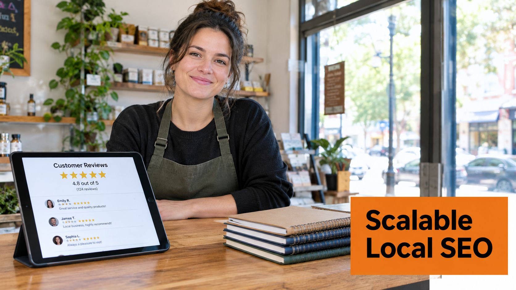 A smiling business owner showing customer reviews on a digital tablet in her store for SEO management.