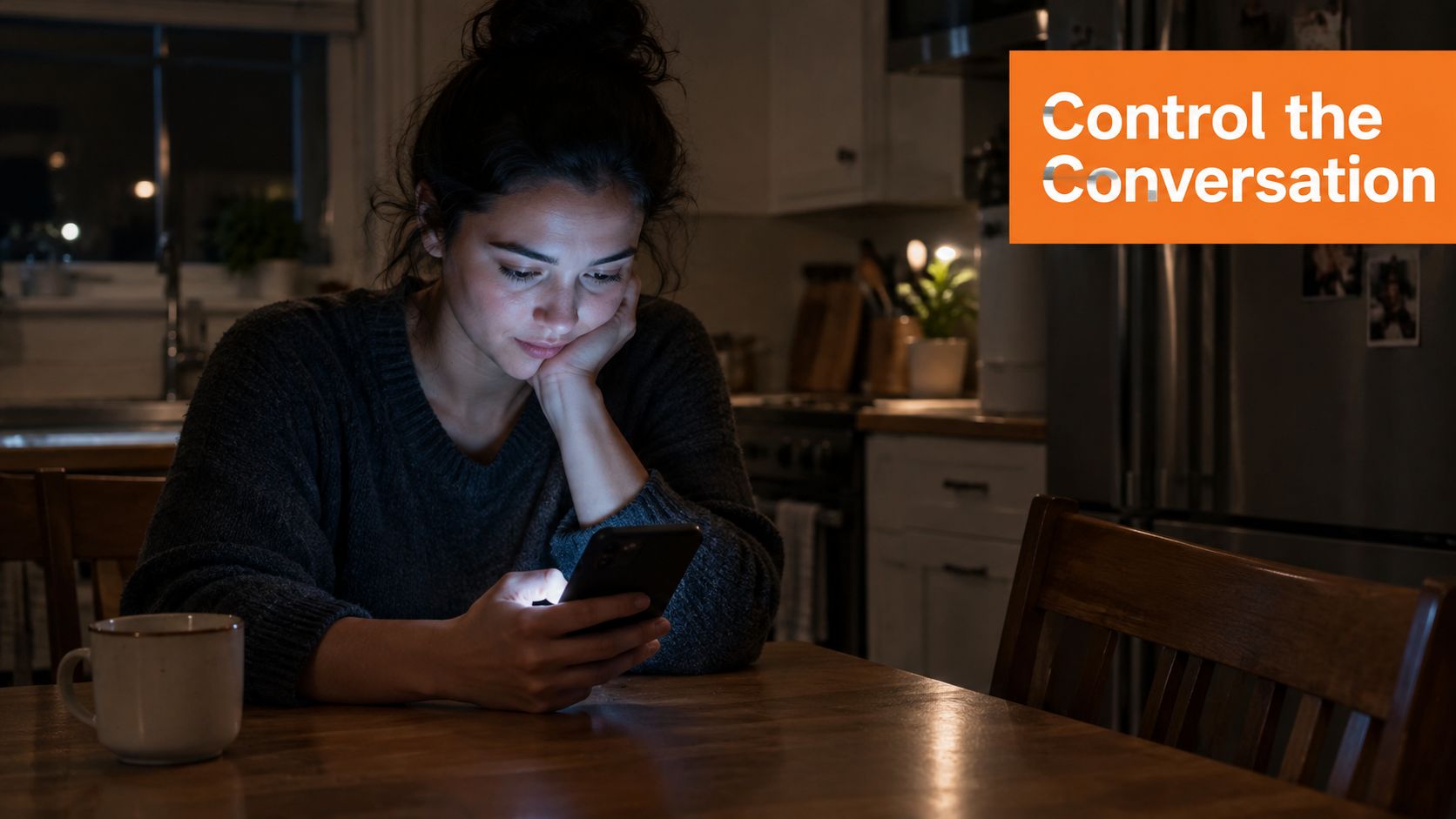 A young woman sitting in a dark kitchen, looking thoughtfully at her illuminated smartphone screen at night.