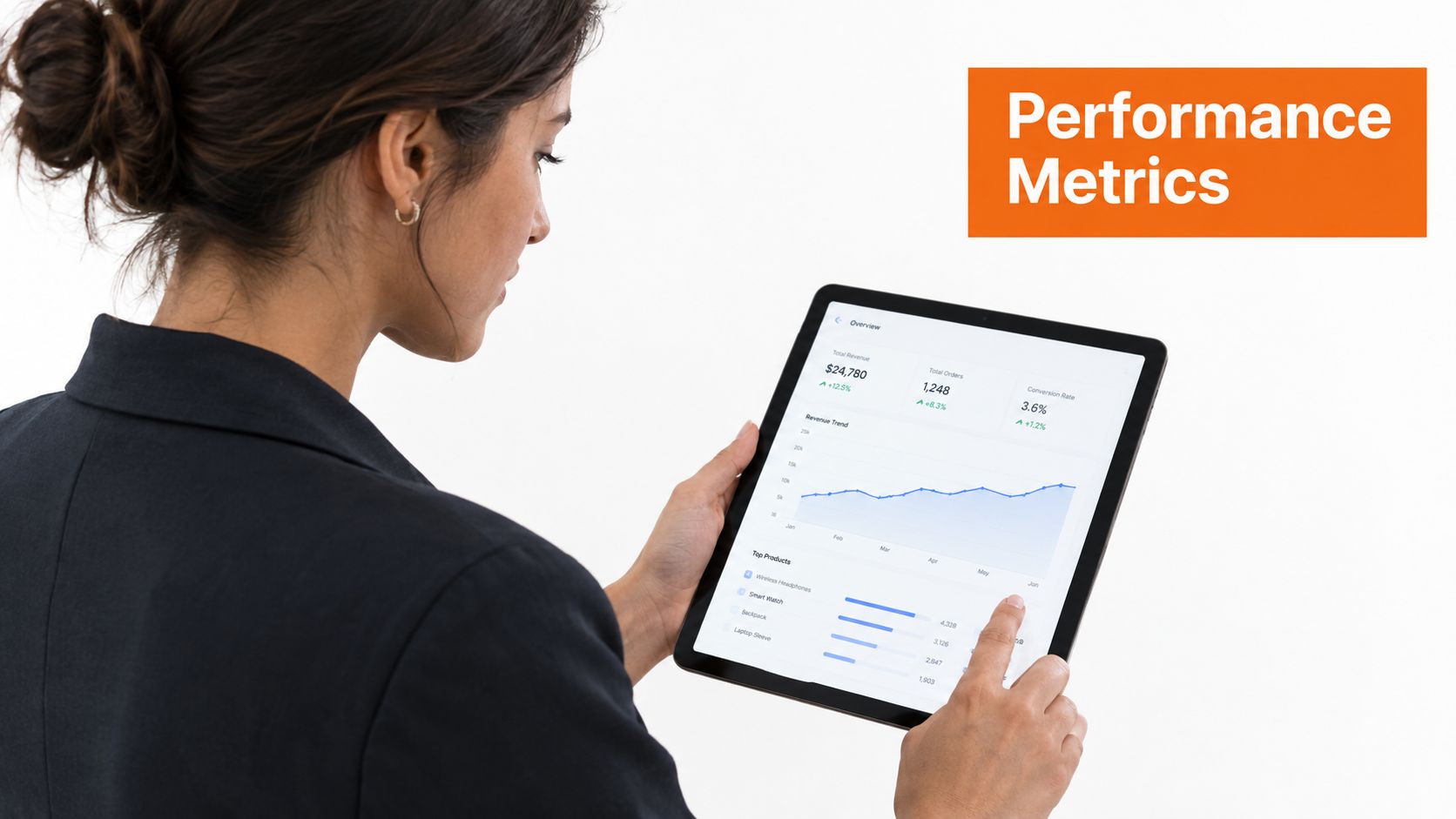 A professional woman examining performance metrics on a tablet screen, highlighting business data trends and analytics.