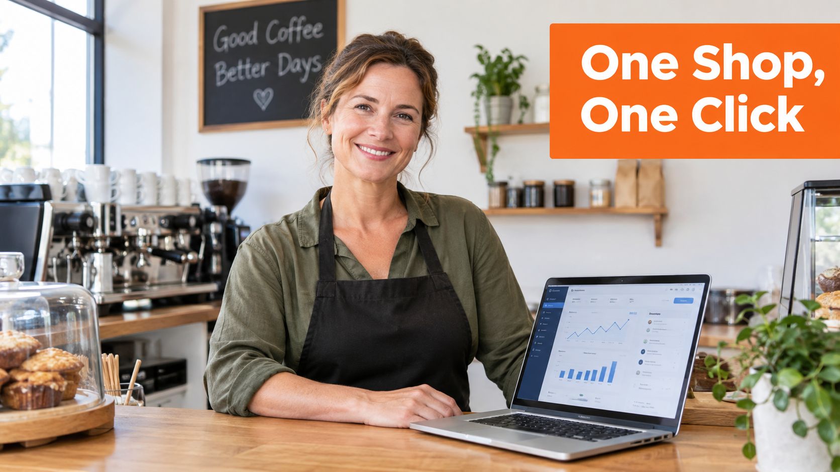 A smiling coffee shop owner using a local SEO platform on a laptop to manage her business.