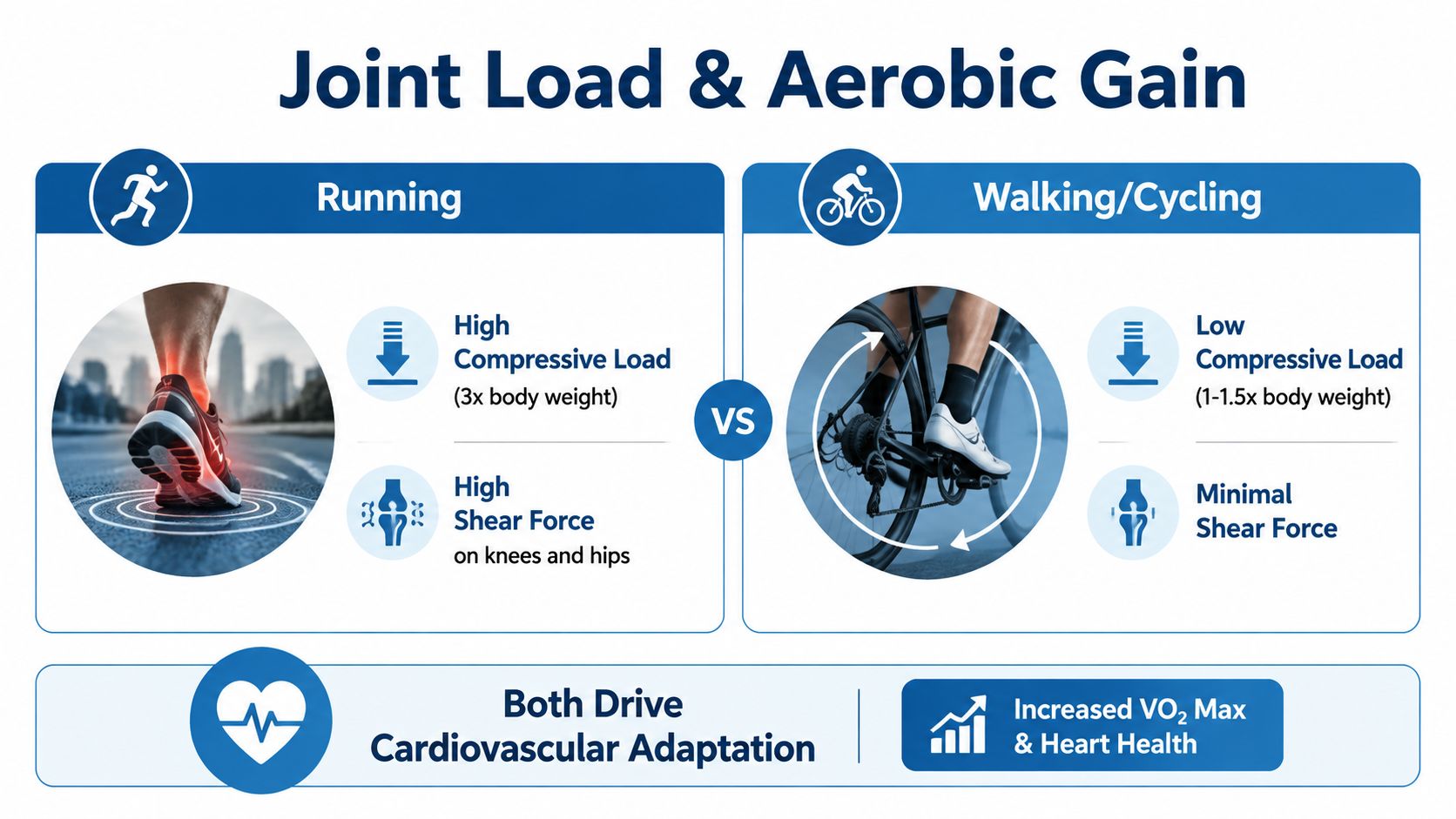 A comparison infographic showing joint loads and aerobic health benefits for running versus walking or cycling.