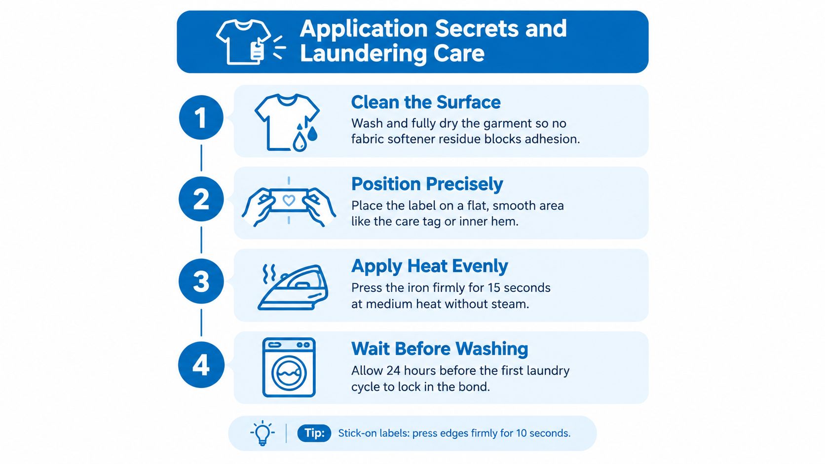 A four-step instructional infographic showing how to iron on personal clothes labels for long-lasting application.