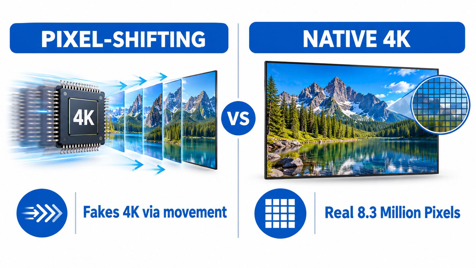 A comparison graphic explaining the difference between pixel-shifting technology and native 4K resolution displays.
