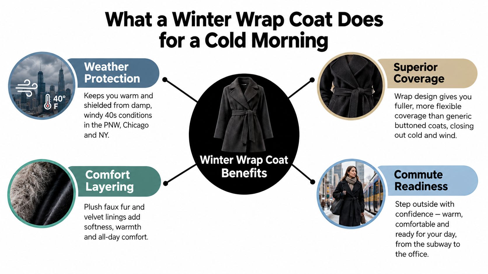 A diagram illustrating the benefits of a winter wrap coat for cold weather commuting and daily wear.