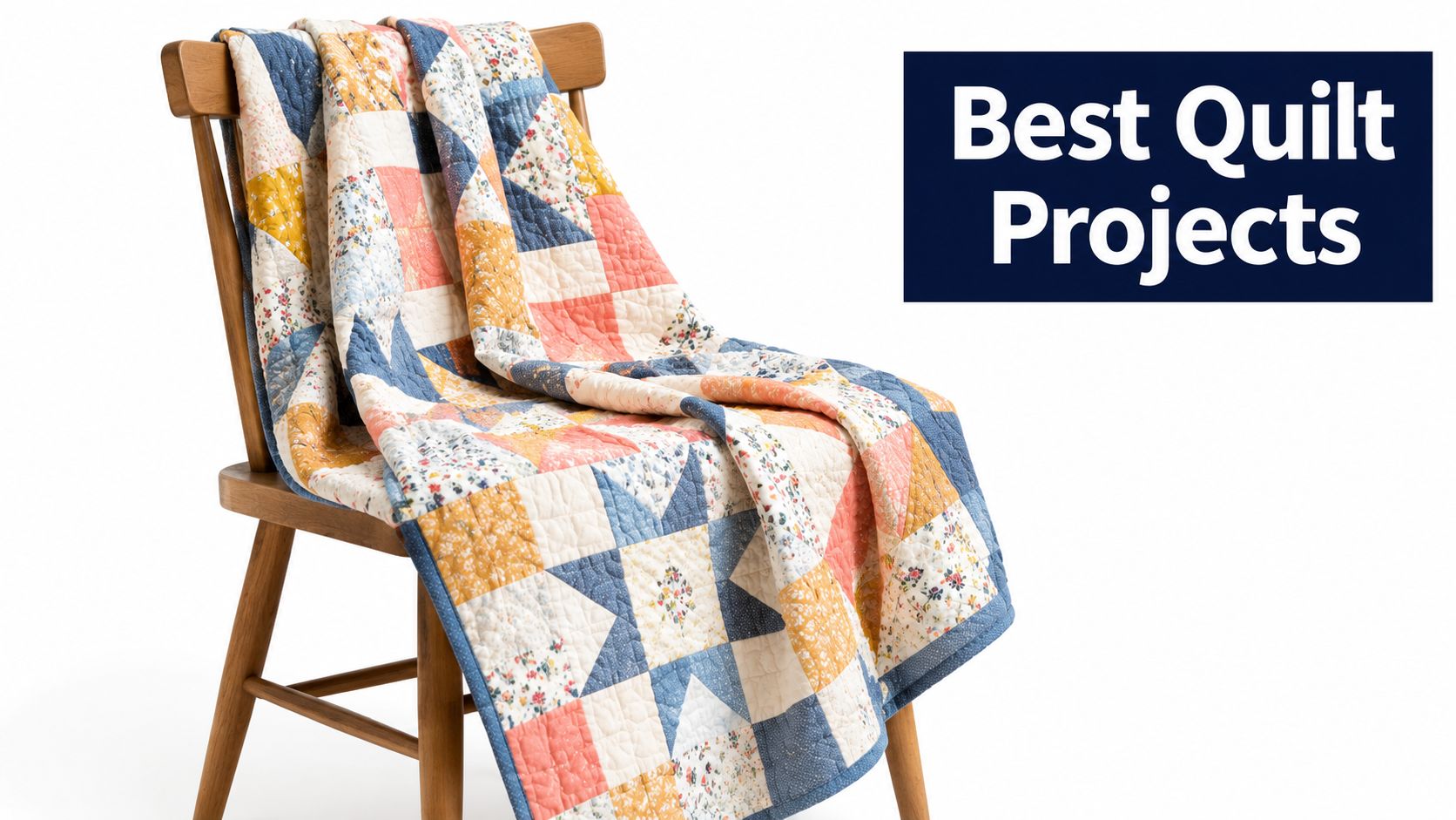 A colorful patchwork quilt featuring floral patterns and star shapes draped elegantly over a wooden chair.