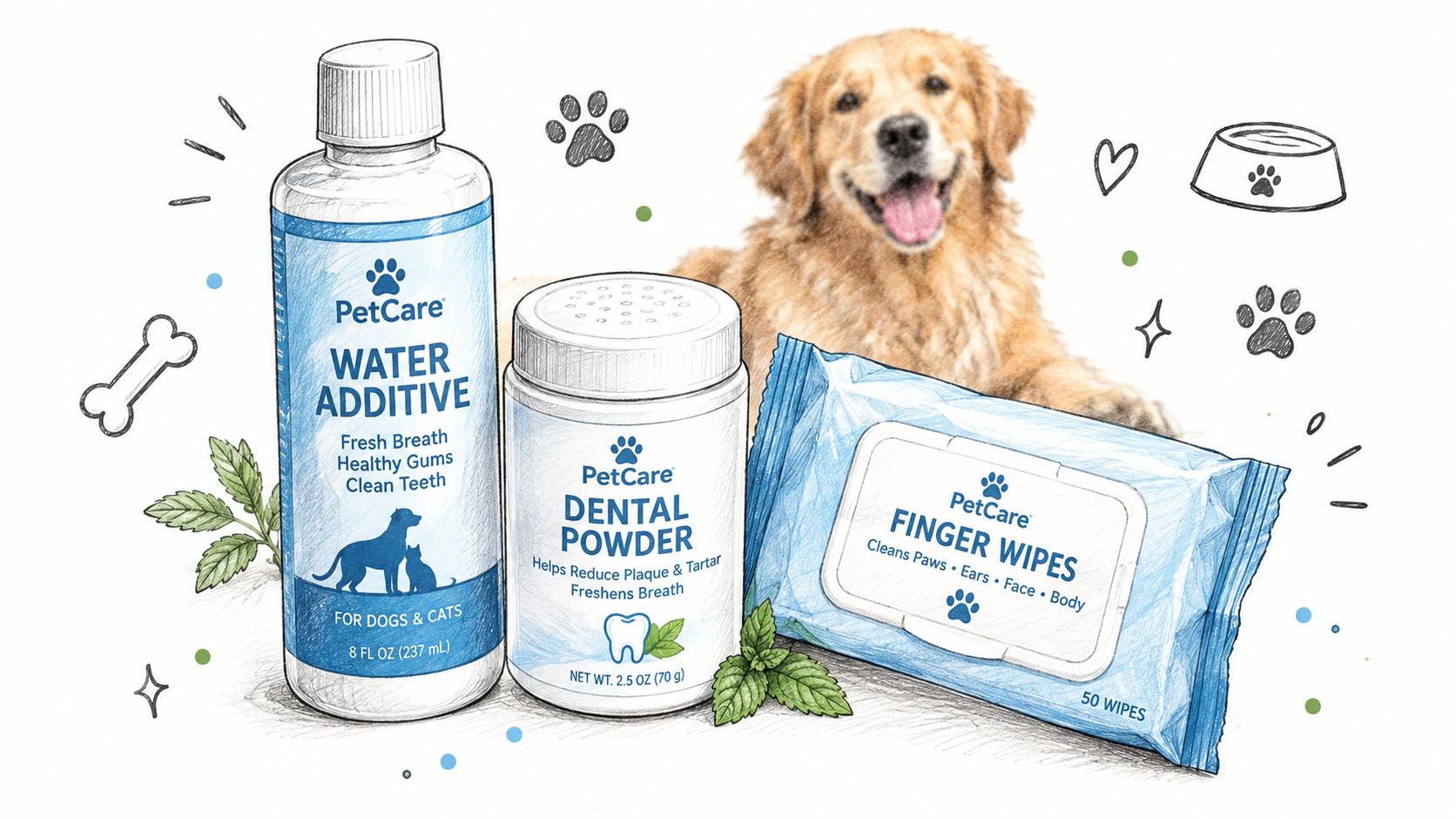 A collection of PetCare dental products including water additive, dental powder, and finger wipes with a dog.