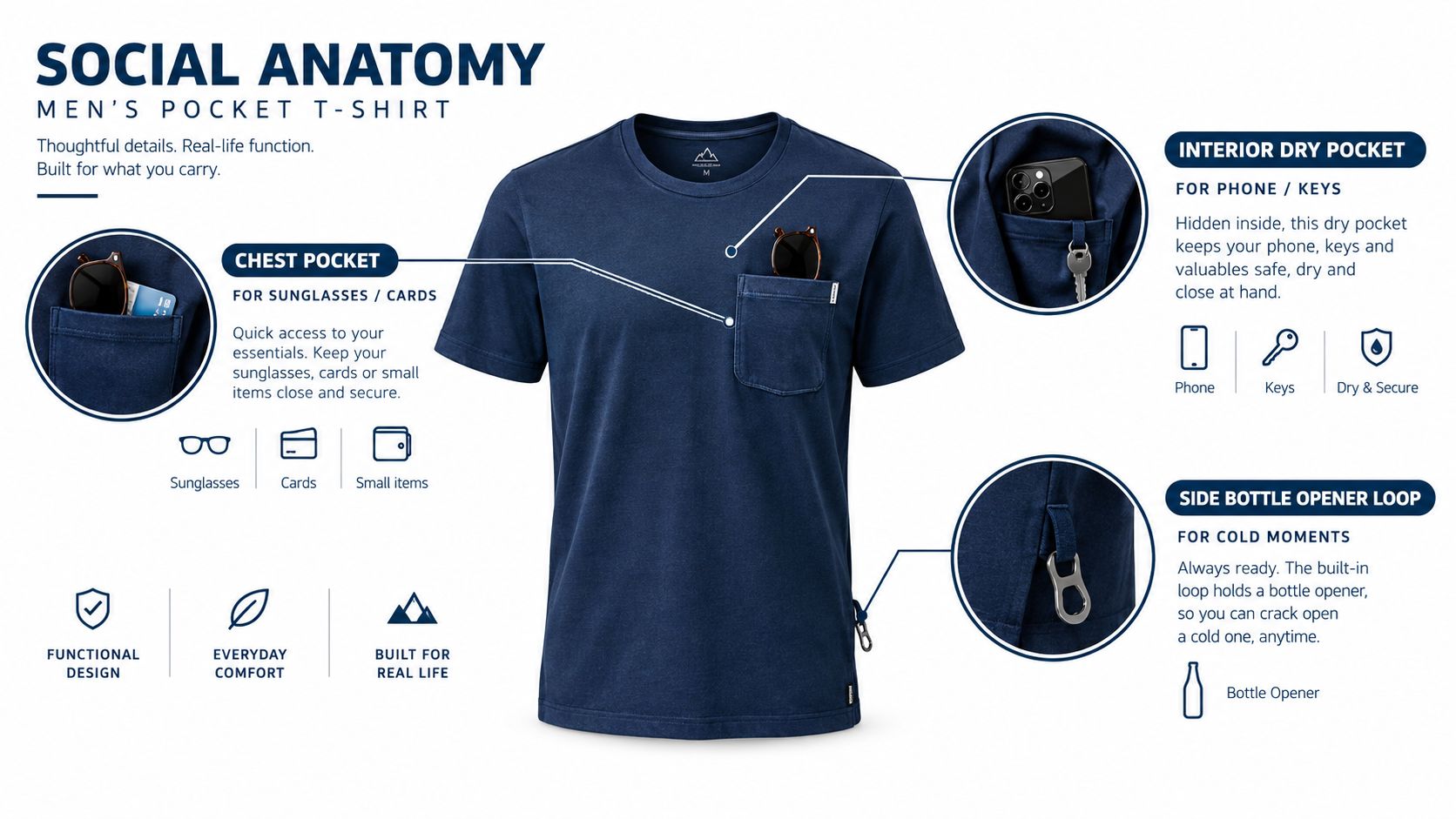 A navy men's t-shirt highlighting unique features like a chest pocket, interior dry pocket, and bottle opener loop.