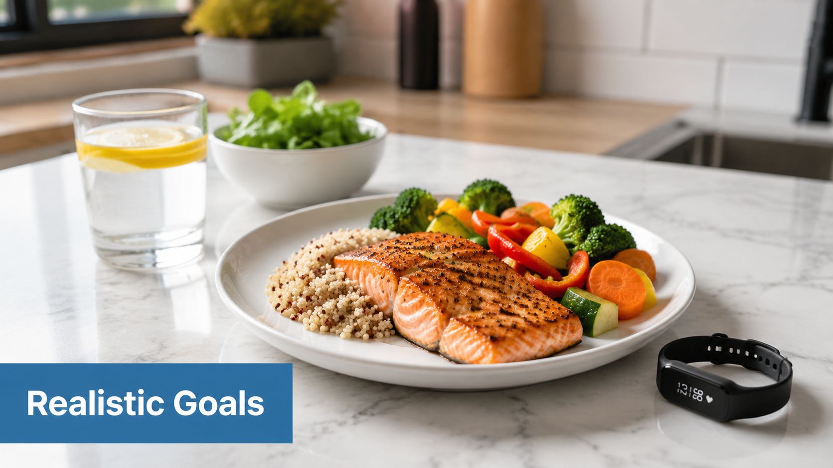 A healthy meal of salmon, quinoa, and vegetables with a fitness tracker on a marble kitchen counter.