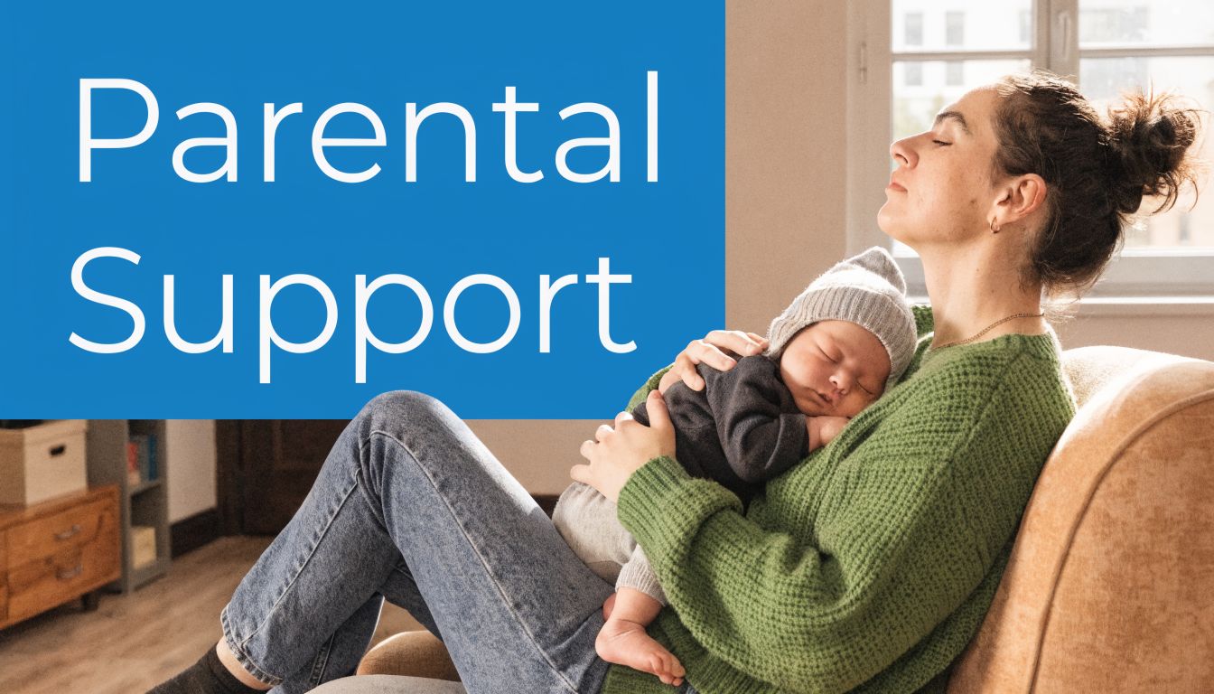 A tired mother holding her sleeping newborn baby in her arms while sitting in a comfortable chair.