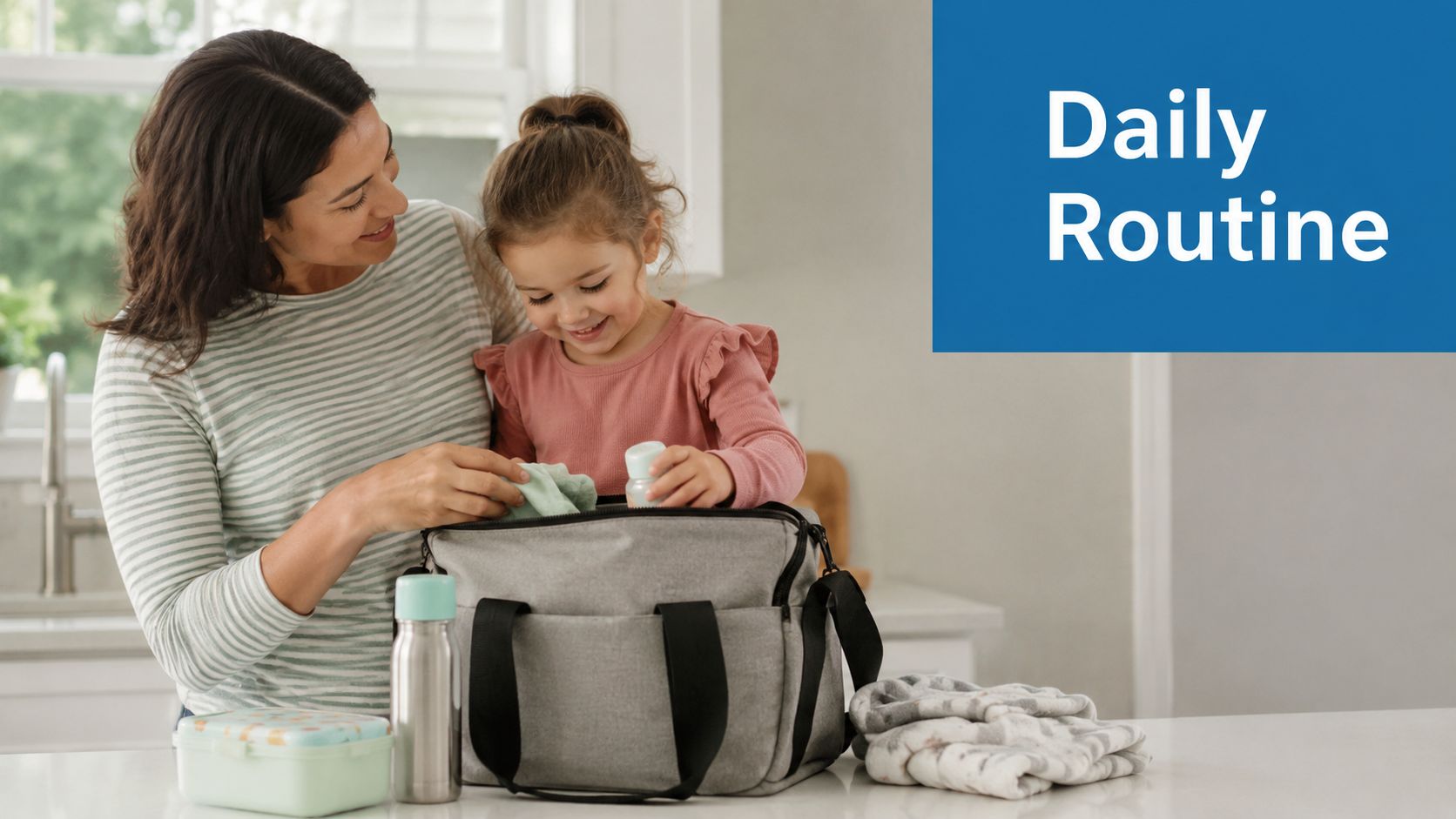 A mother and her young daughter packing a gray bag together in a brightly lit kitchen.