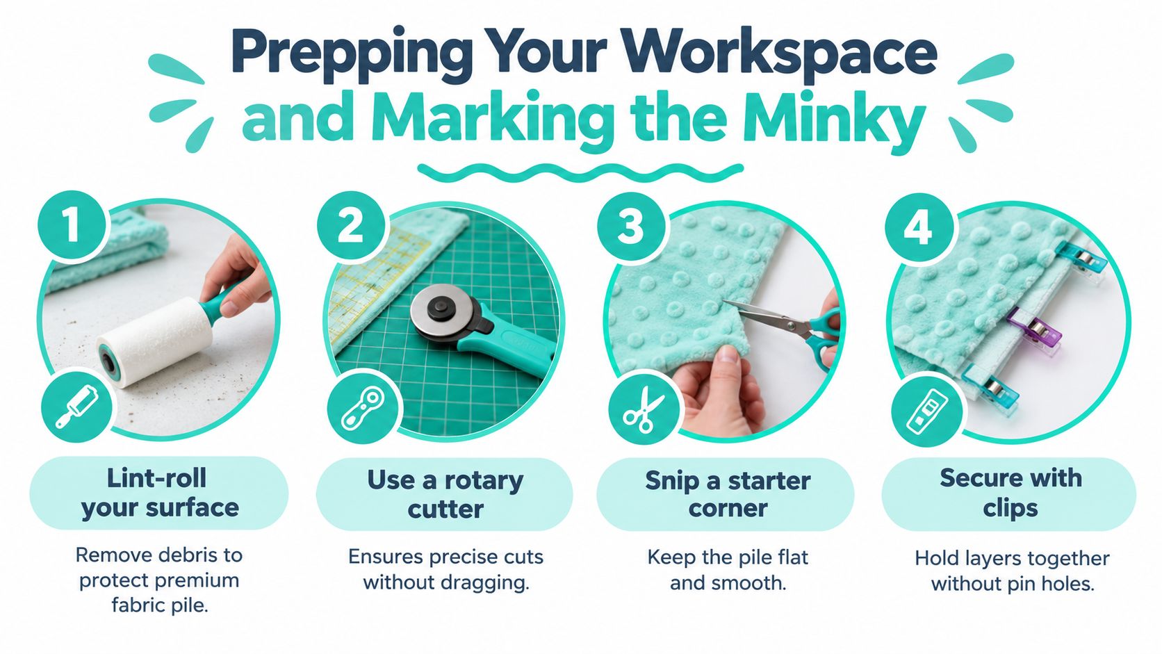 A four-step infographic guide on how to prepare and cut minky fabric for sewing projects.