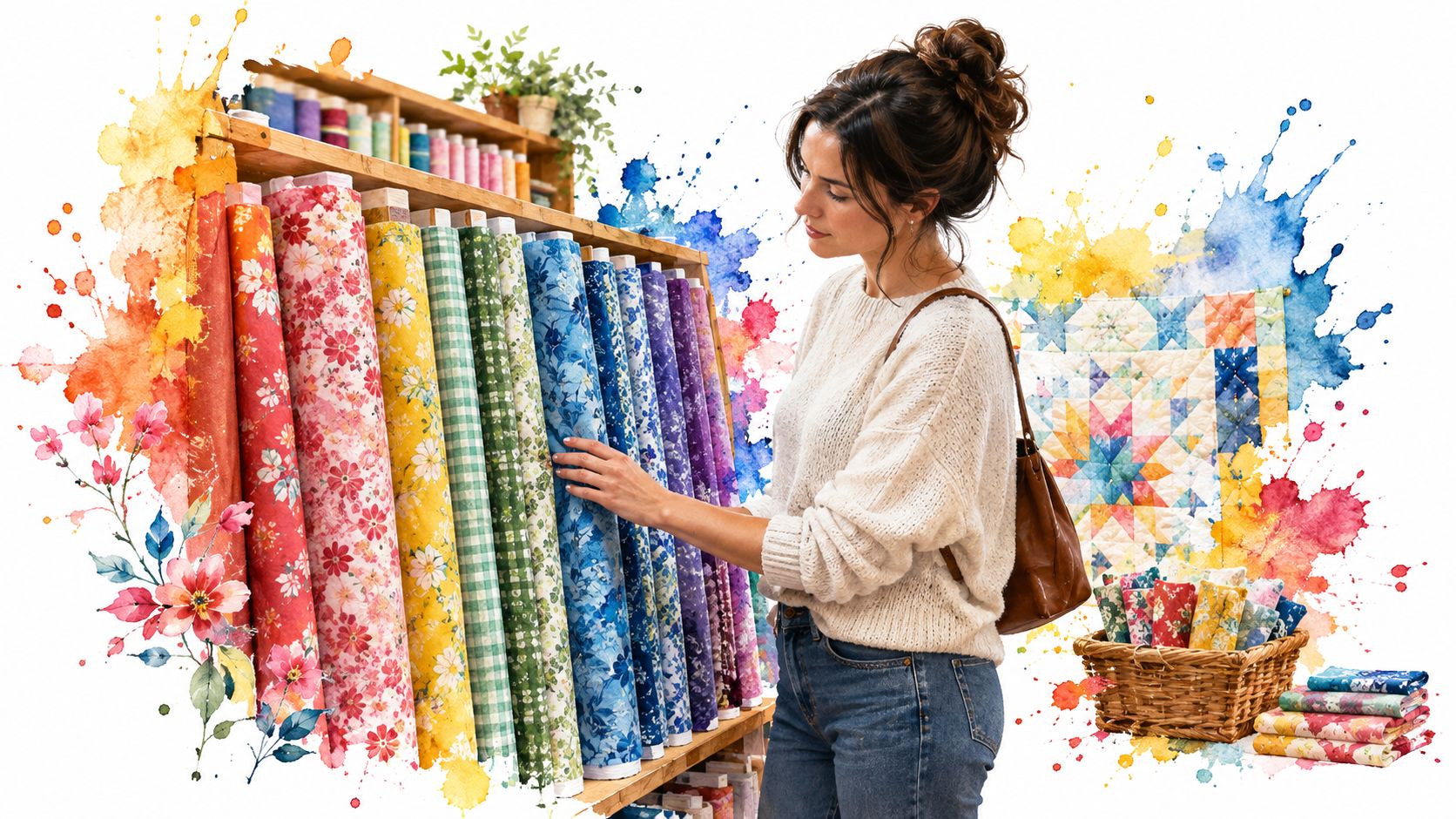 A woman shopping for quilting cotton fabric by the yard in a creative, artistic fabric store setting.