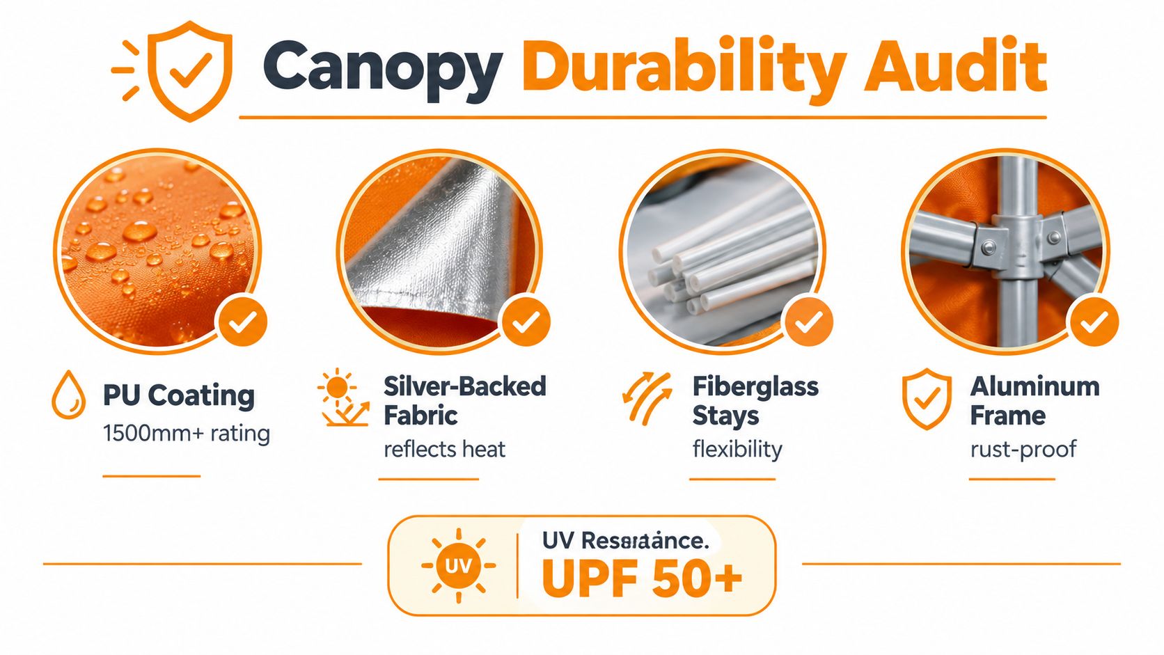 A graphic infographic titled Canopy Durability Audit detailing high-quality materials including PU coating, silver-backed fabric, fiberglass stays, and aluminum frame.