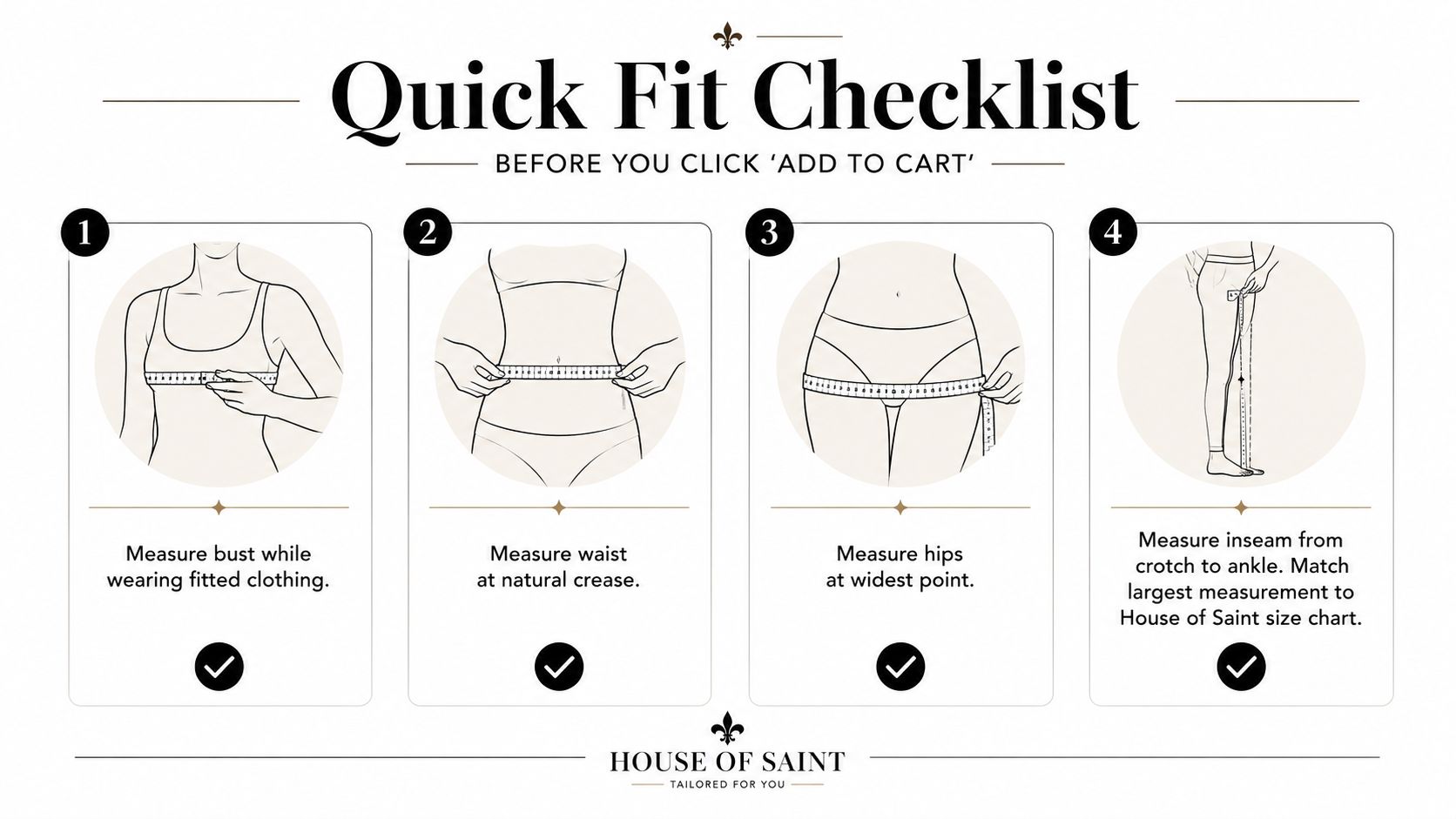 An infographic showing four steps for measuring body dimensions for clothing using a tape measure.