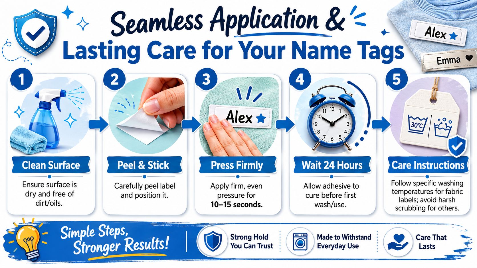 A five-step guide for applying fabric name tags, showing cleaning, peeling, pressing, waiting, and washing instructions.