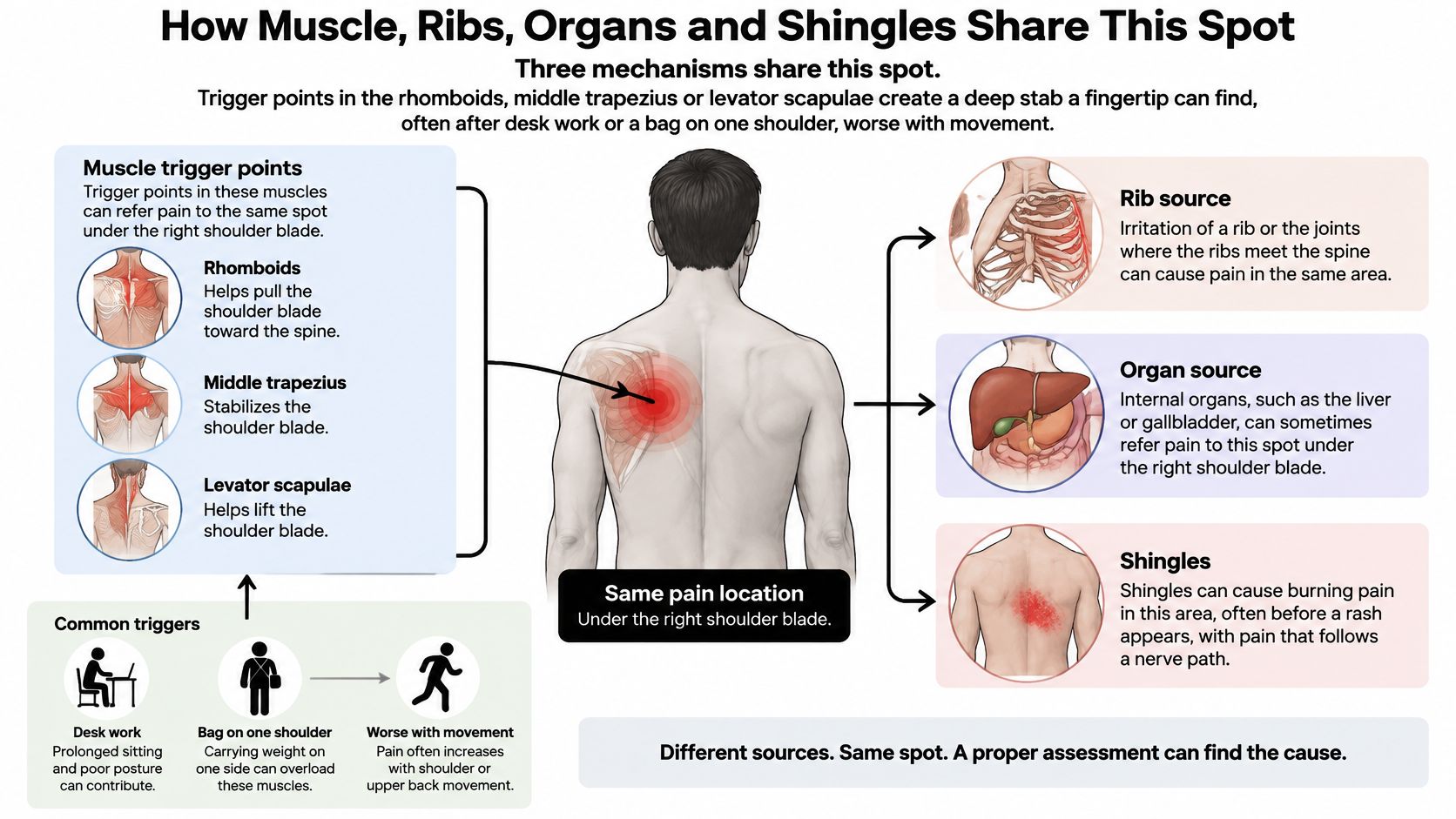 An infographic illustrating various medical causes for stabbing pain located under the right shoulder blade.