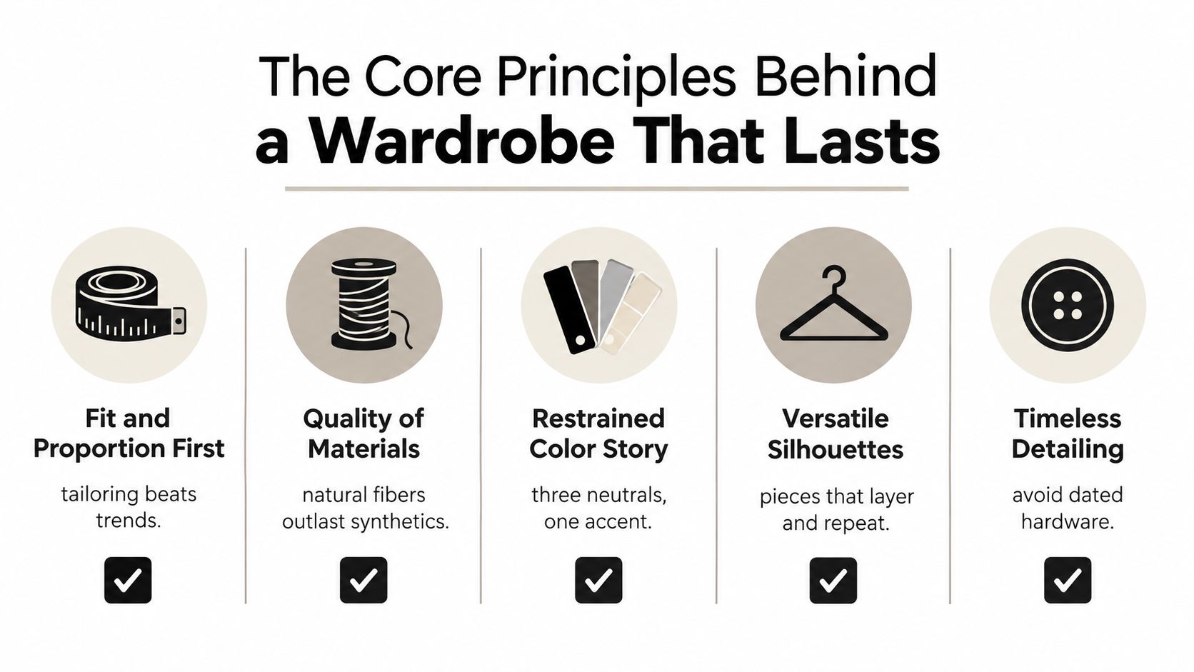 A graphic illustration detailing five core principles for creating a durable and timeless wardrobe, displayed with icons.