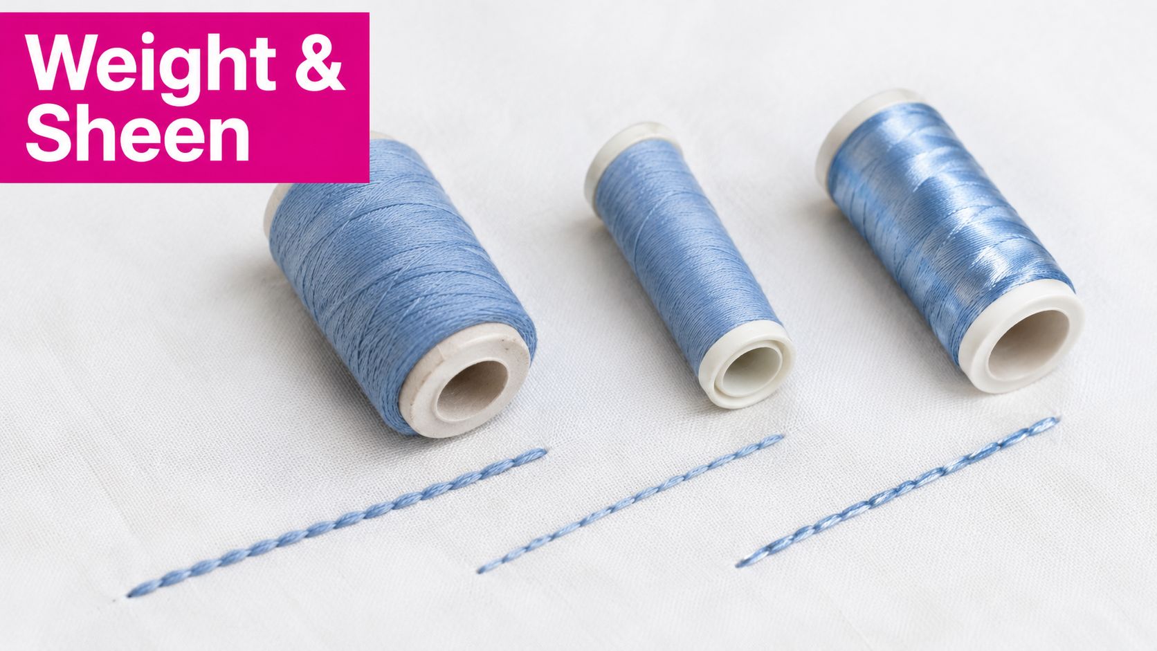 Three spools of blue embroidery thread arranged with matching stitched samples on white fabric for comparison.