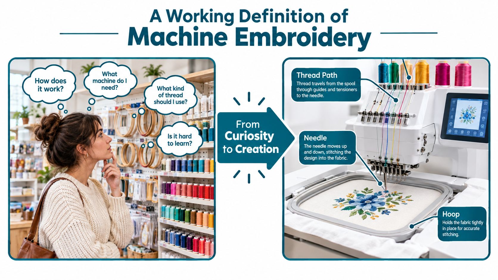 A diagram illustrating the transition from beginner curiosity about embroidery to using a machine for creative sewing.