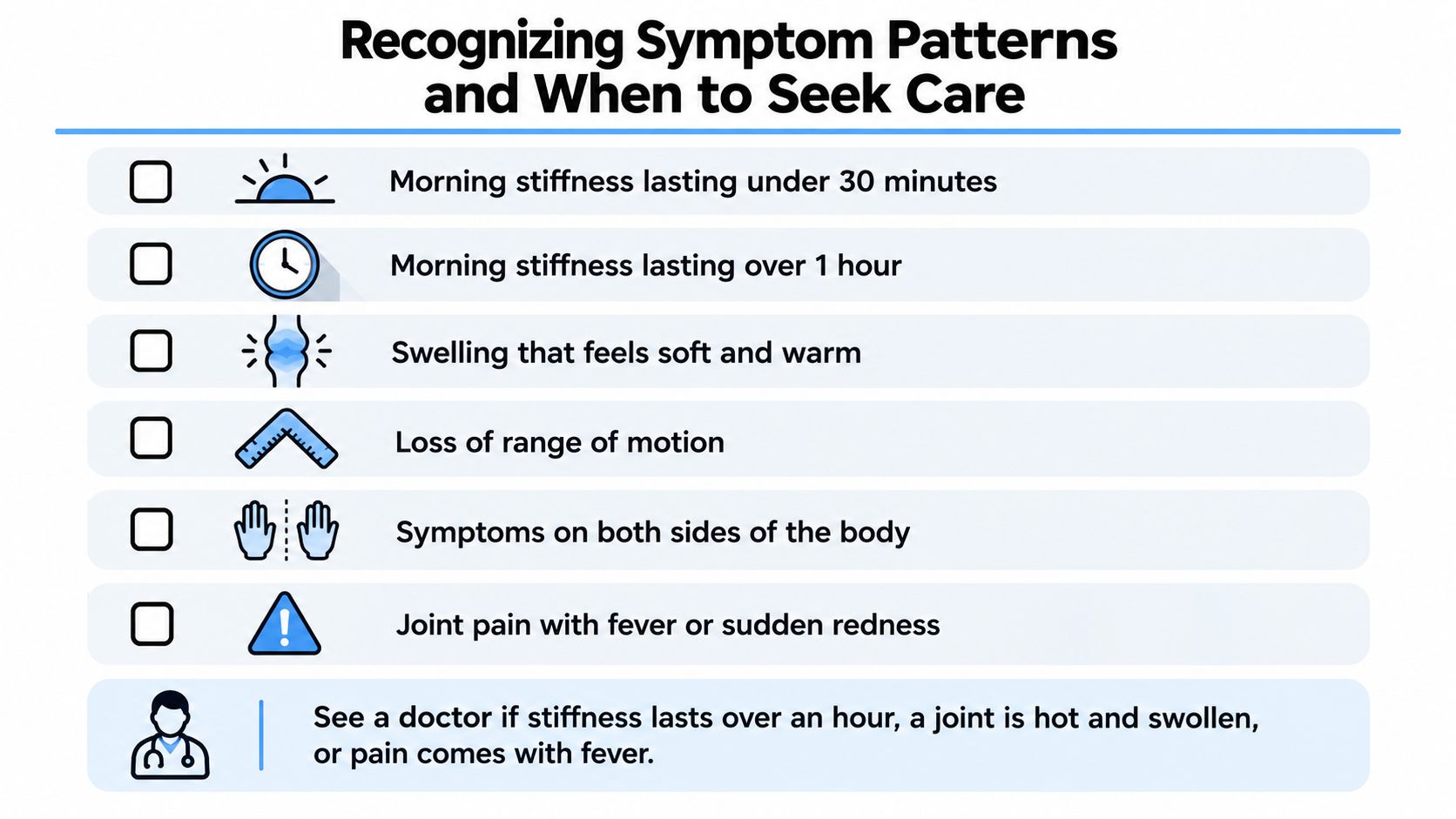 An infographic list titled Recognizing Symptom Patterns, highlighting signs of joint pain that require medical attention.
