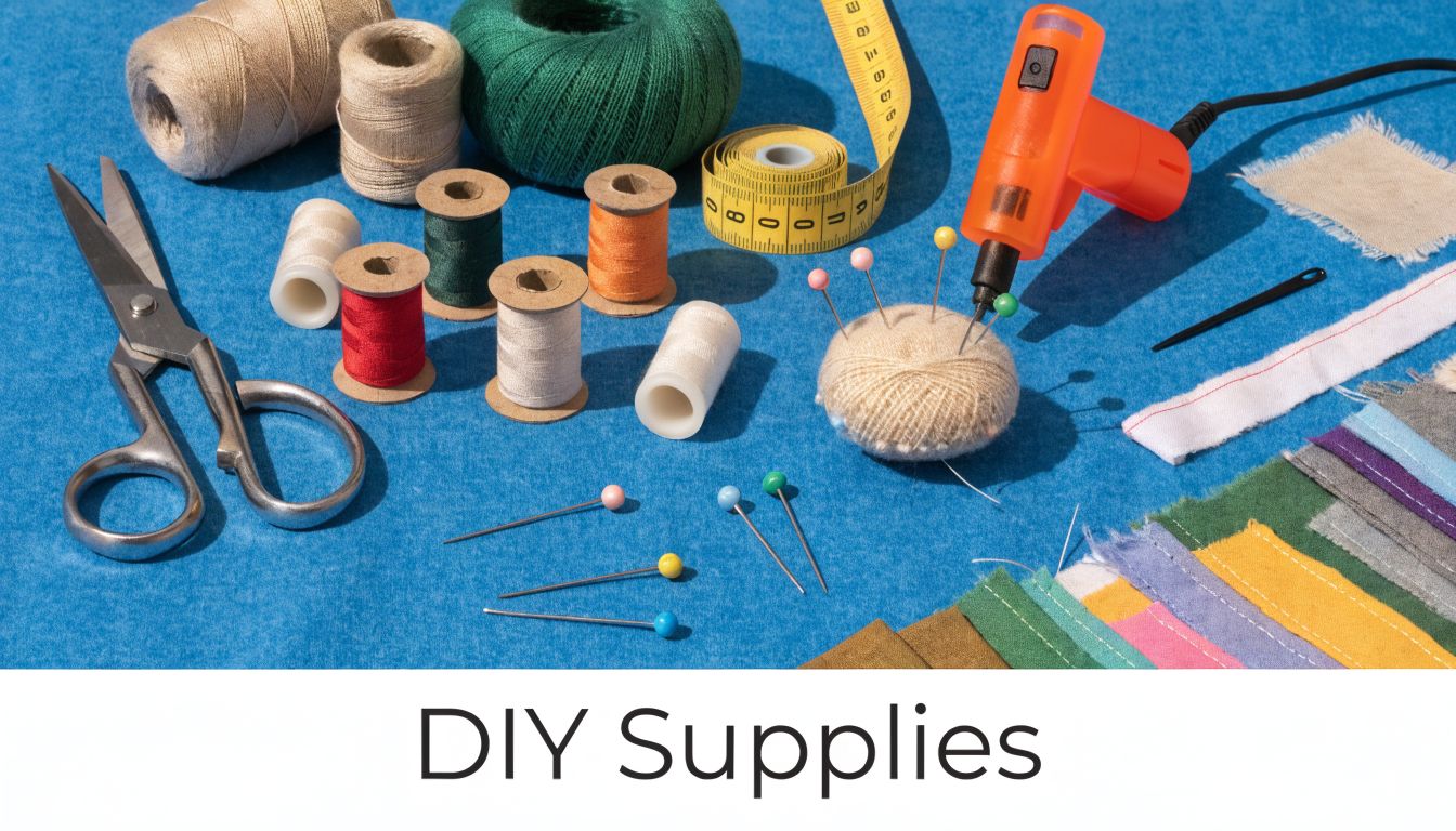 A top-down view of sewing and crafting supplies on a bright blue background with DIY Supplies text.