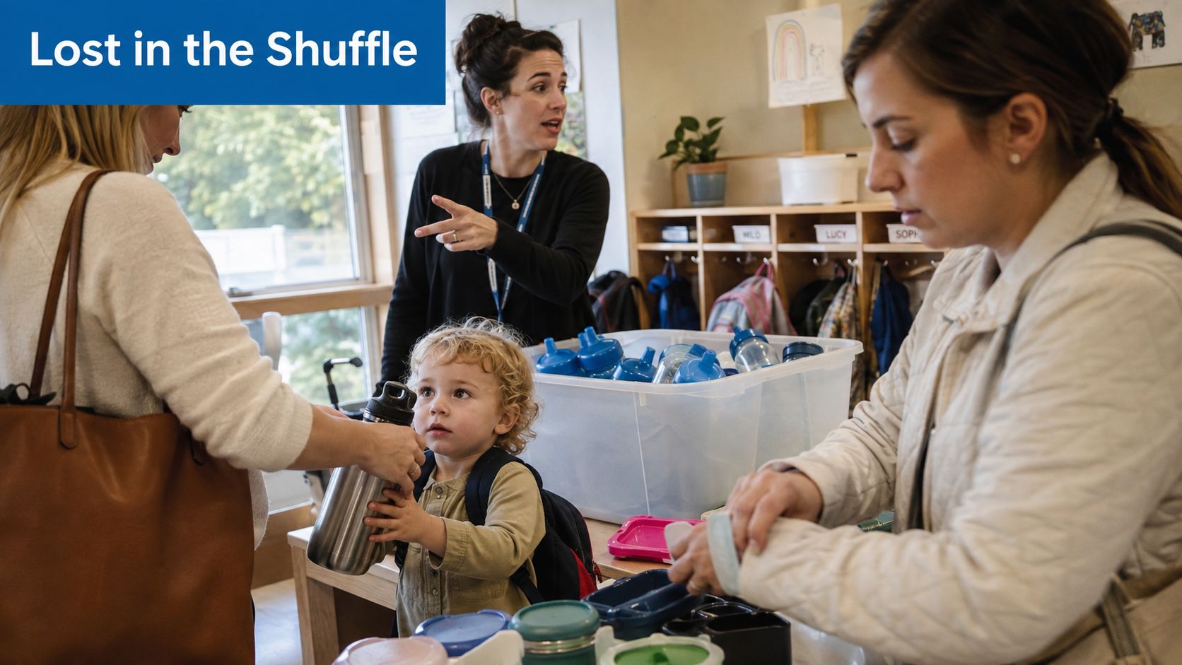 A woman and a young boy standing in a classroom with labeled cubbies and water bottles.