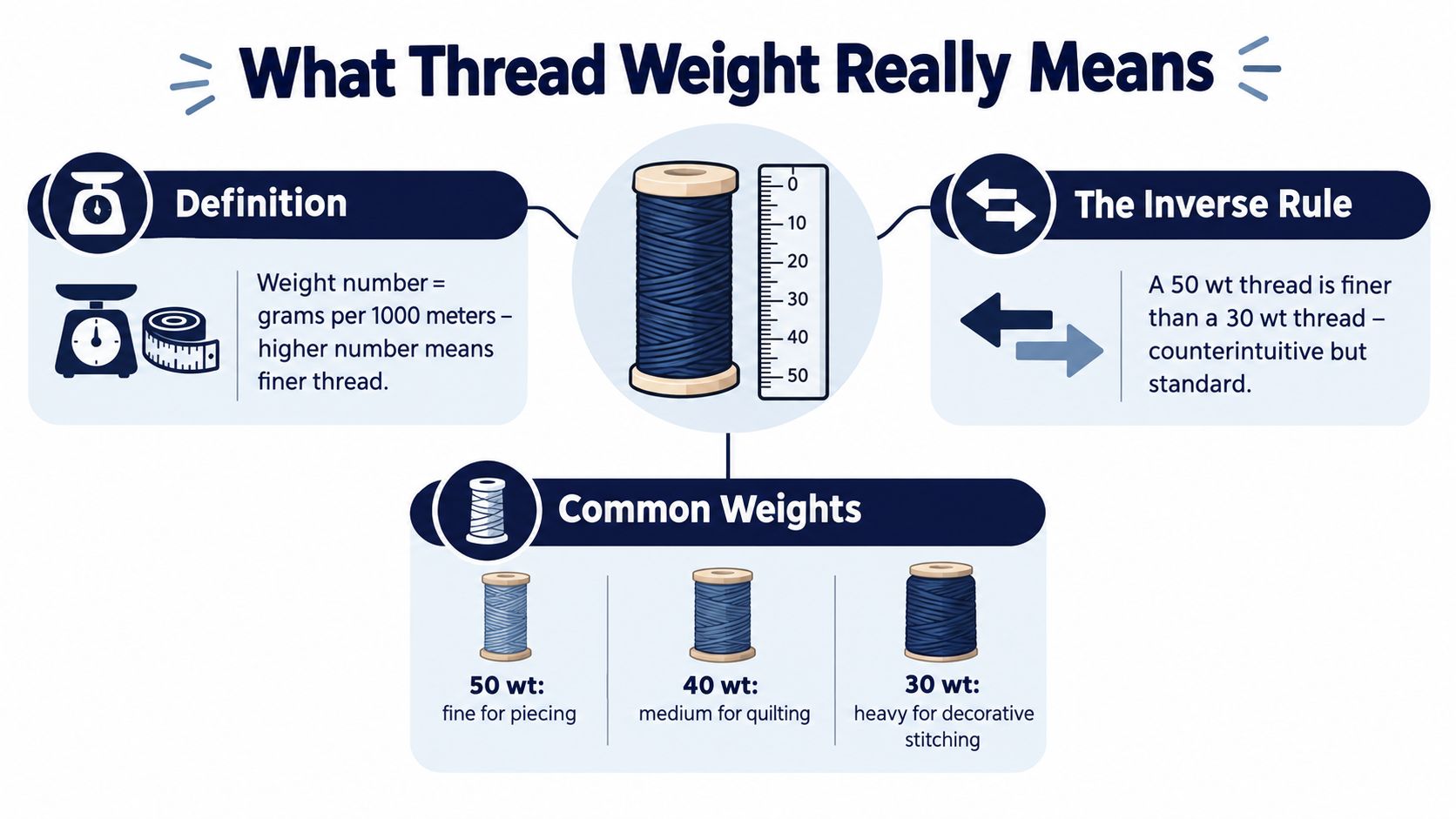 An infographic explaining how thread weight is measured, featuring a spool, a ruler, and weight guidelines.