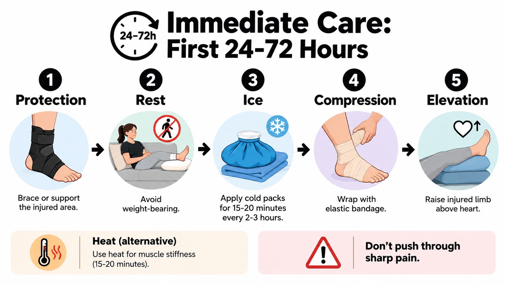 An infographic illustrating the five steps of immediate injury care: protection, rest, ice, compression, and elevation.