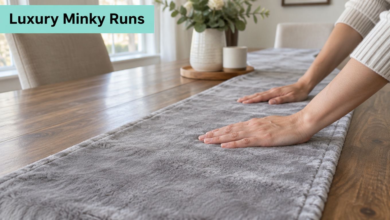 A person smoothing out a soft, gray luxury minky table runner on a wooden dining table.
