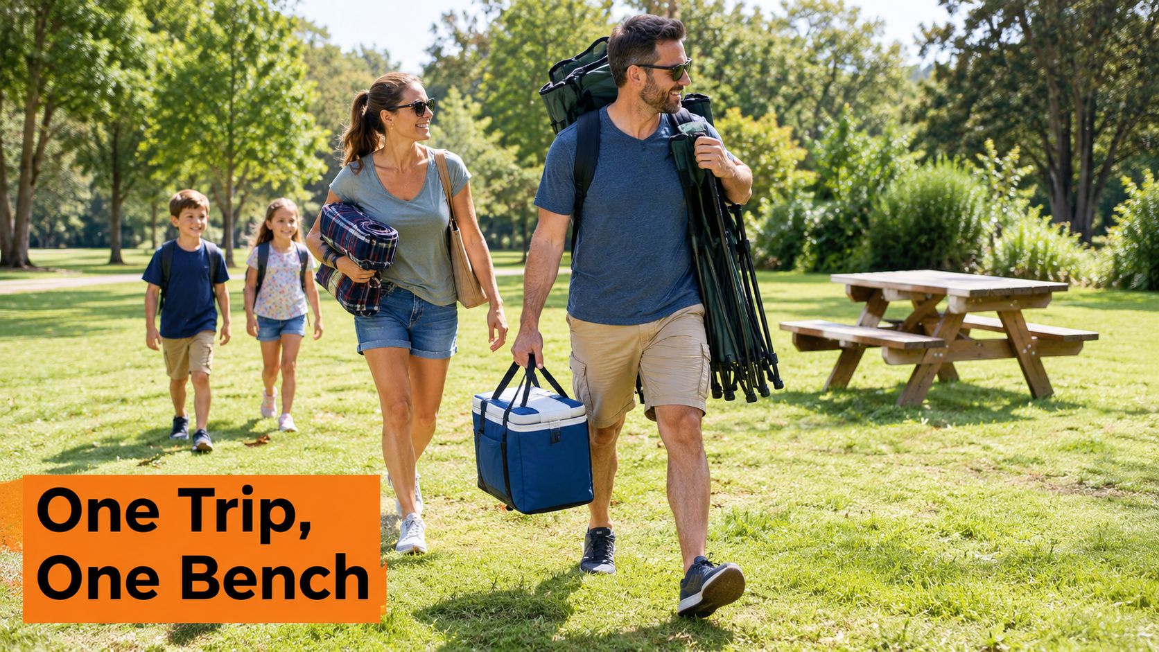 A family carrying picnic supplies across a grassy park toward a wooden two seater picnic bench.