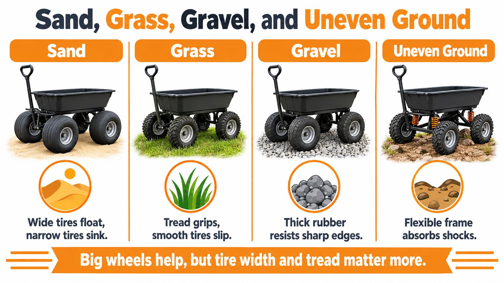 Infographic comparing four types of terrain for wheeled wagons: sand, grass, gravel, and uneven ground.