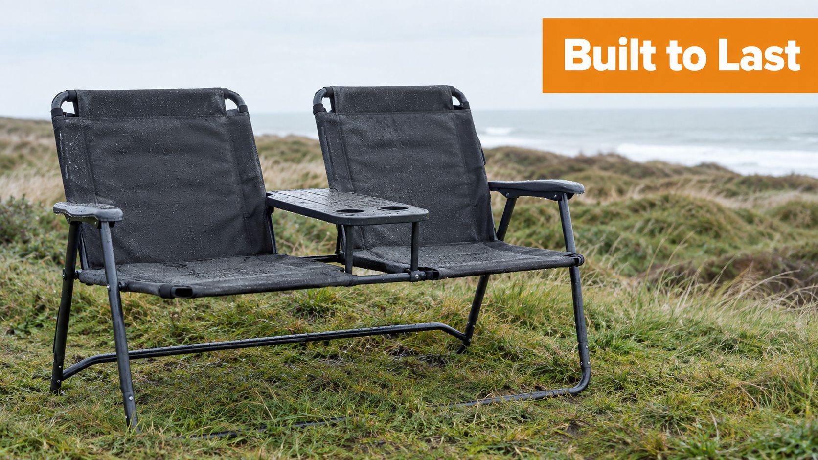 A black two-seater folding camping bench with a built-in central table, standing on a grassy coastal hill.