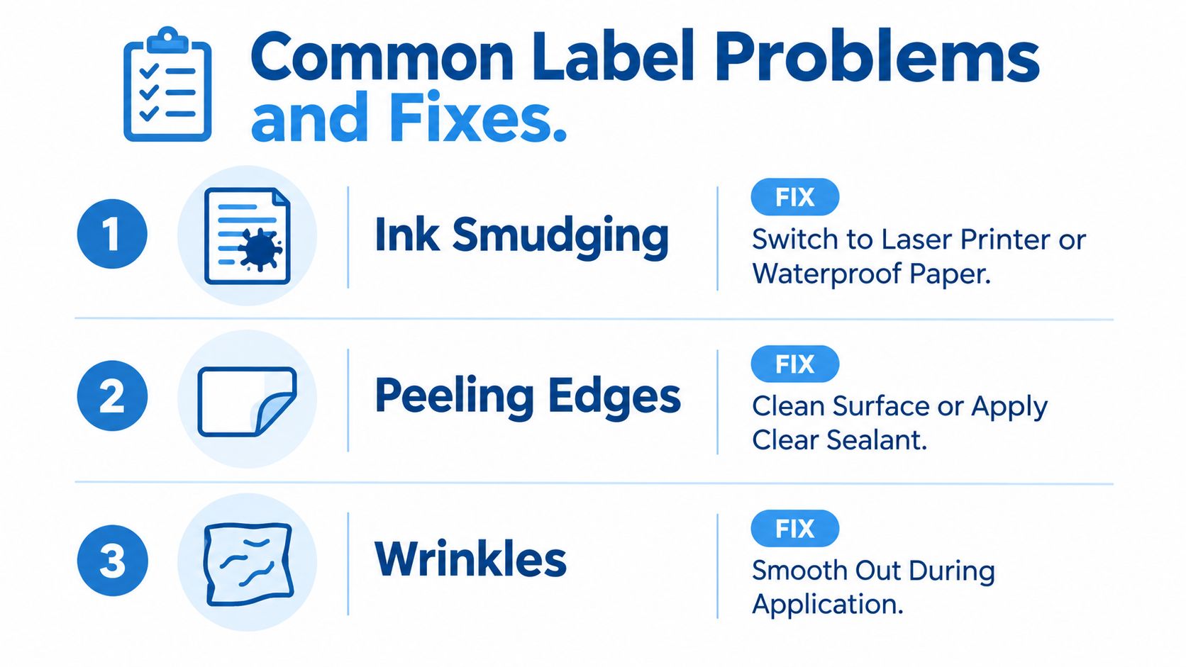 An infographic showing three common label problems including ink smudging, peeling edges, and wrinkles, with their respective solutions.