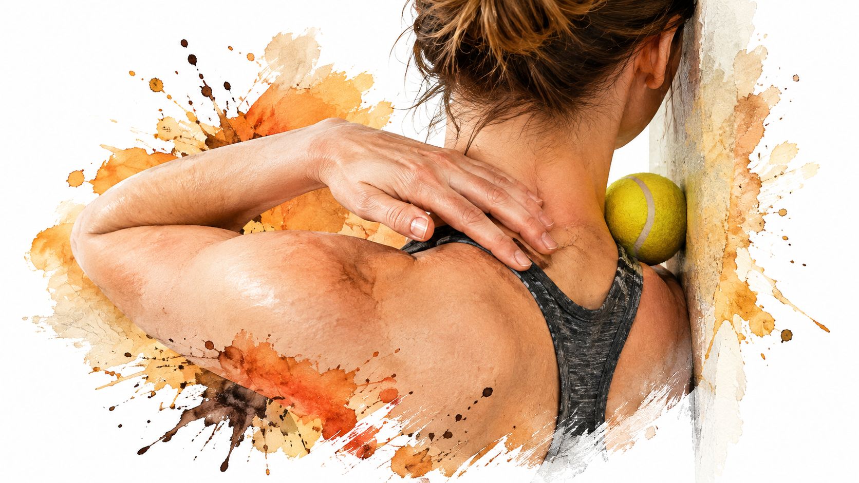 A woman using a tennis ball against a wall to relieve muscle pain in her upper back.