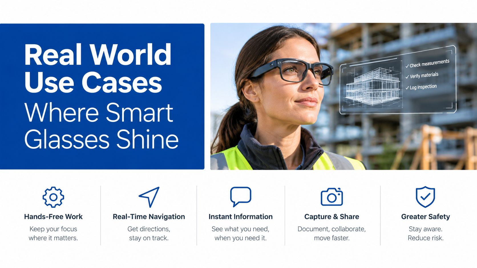 A woman wearing smart glasses at a construction site with a digital interface showing project data overlays.